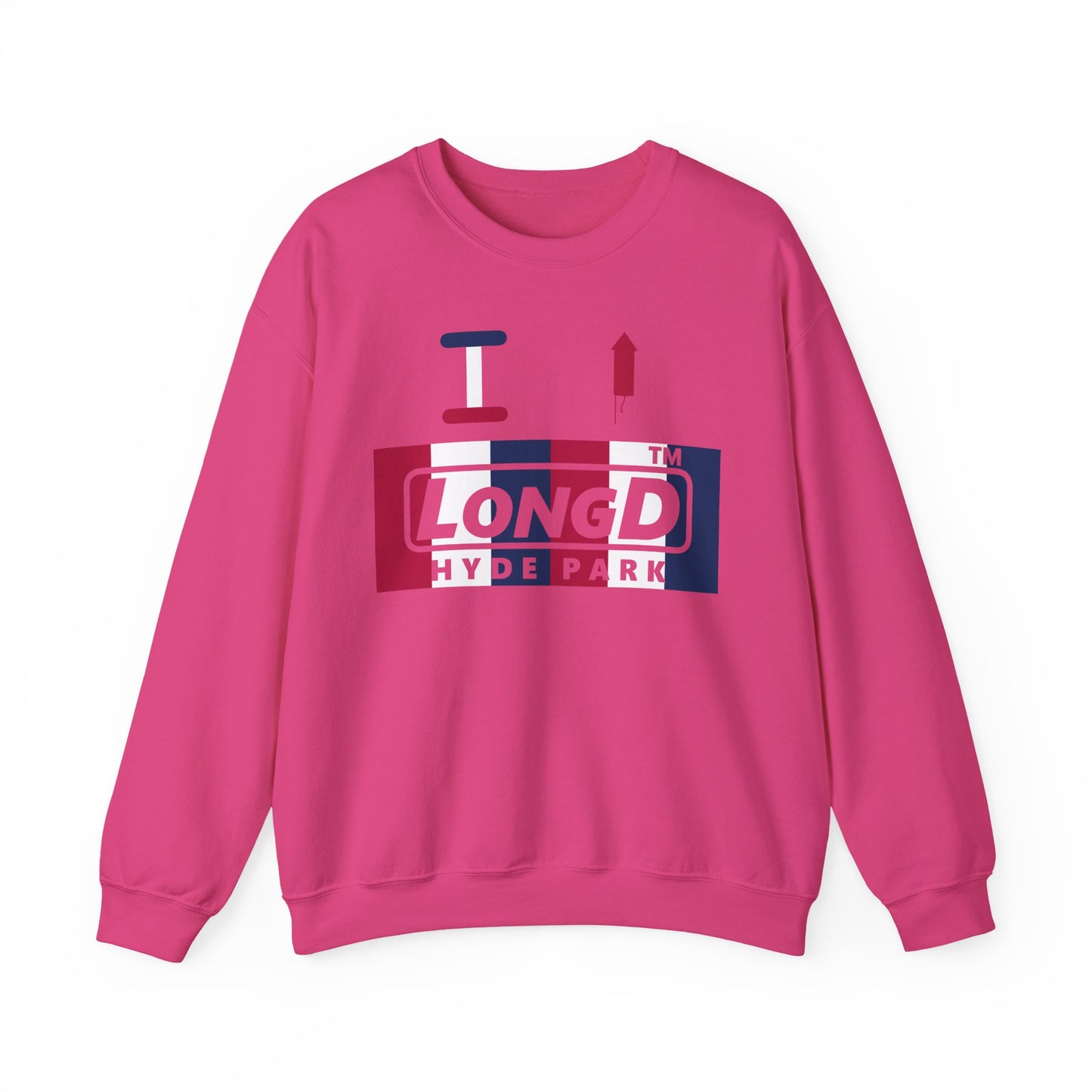 I firecracker LongD negative vertical 6-striped Hyde Park logo crewneck sweatshirt