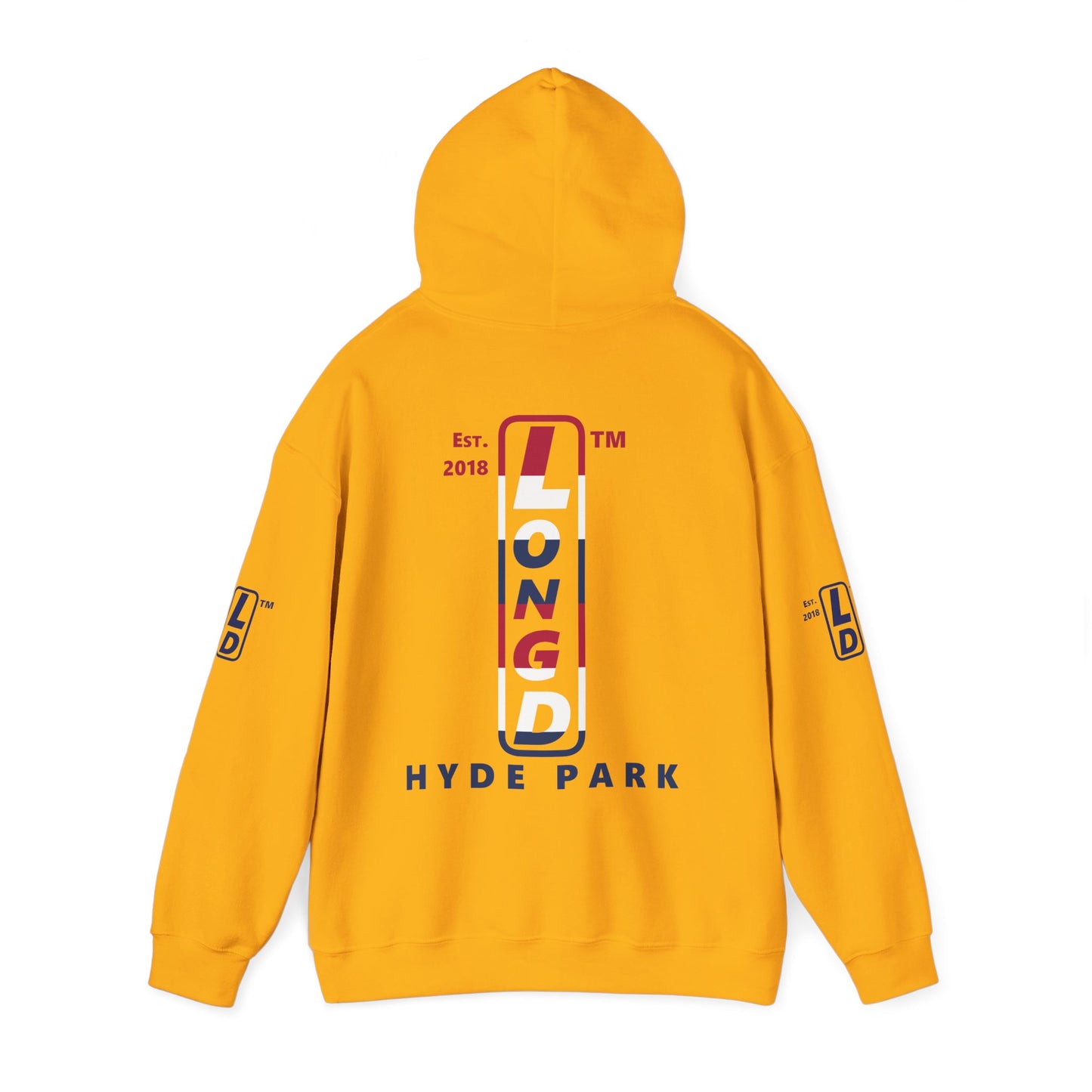 LongD® positive horizontal 6-striped Hyde Park 4-print upright logo hoodie (patriotic colors)