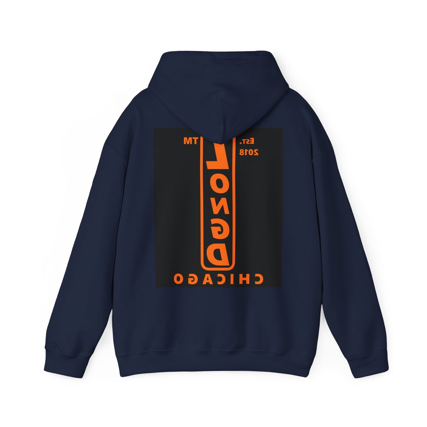 LongD Chicago upright front-back logo orange (FE7518) on Black (000000) hoodie