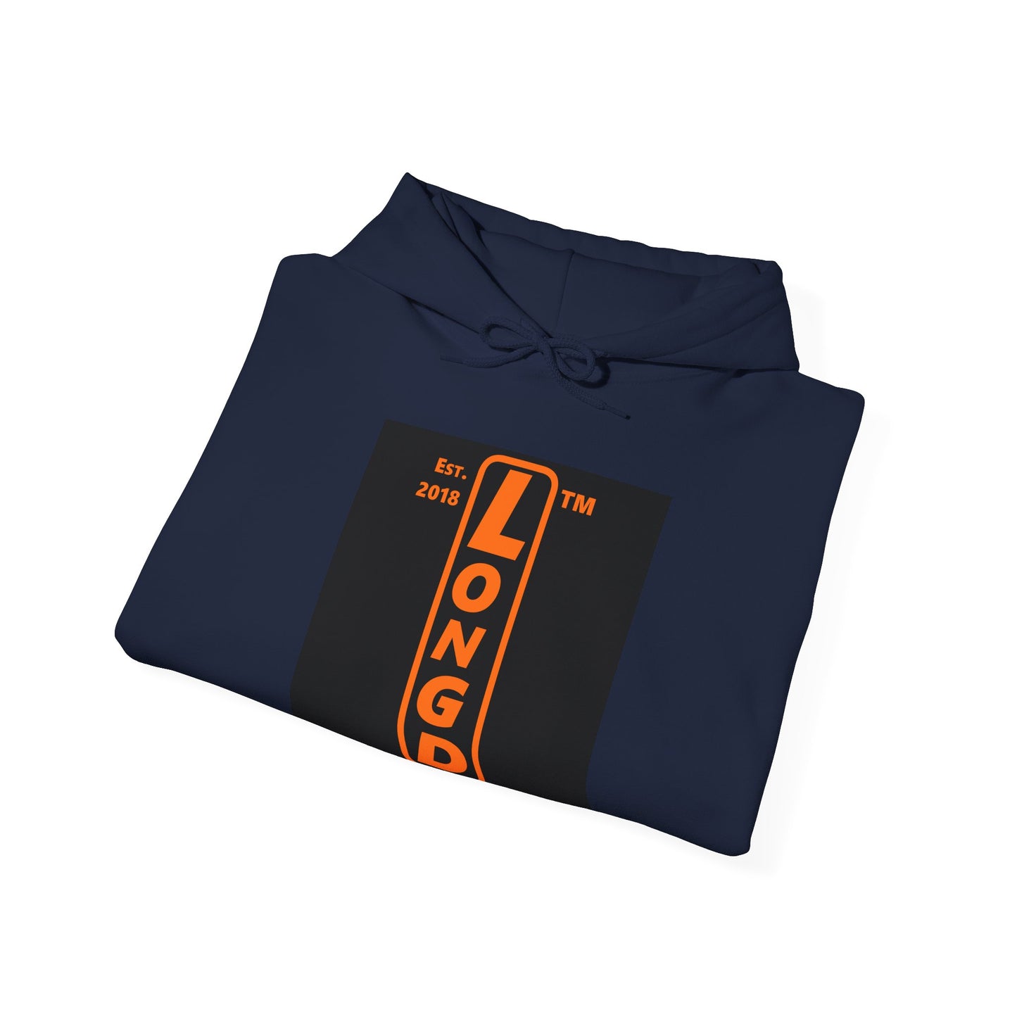 LongD Chicago upright front-back logo orange (FE7518) on Black (000000) hoodie