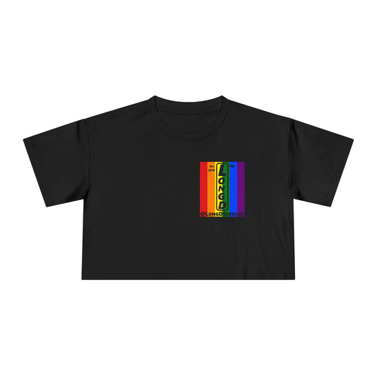 Negative vertical 6-striped upright single-breasted tag logo crop tee (Pride colors)