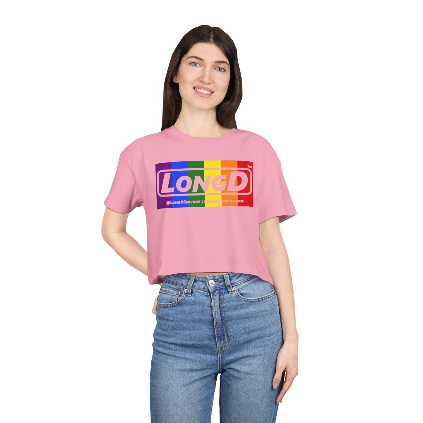 LongD Logo Women's Crop Tee (Pride color rainbow negative logo)