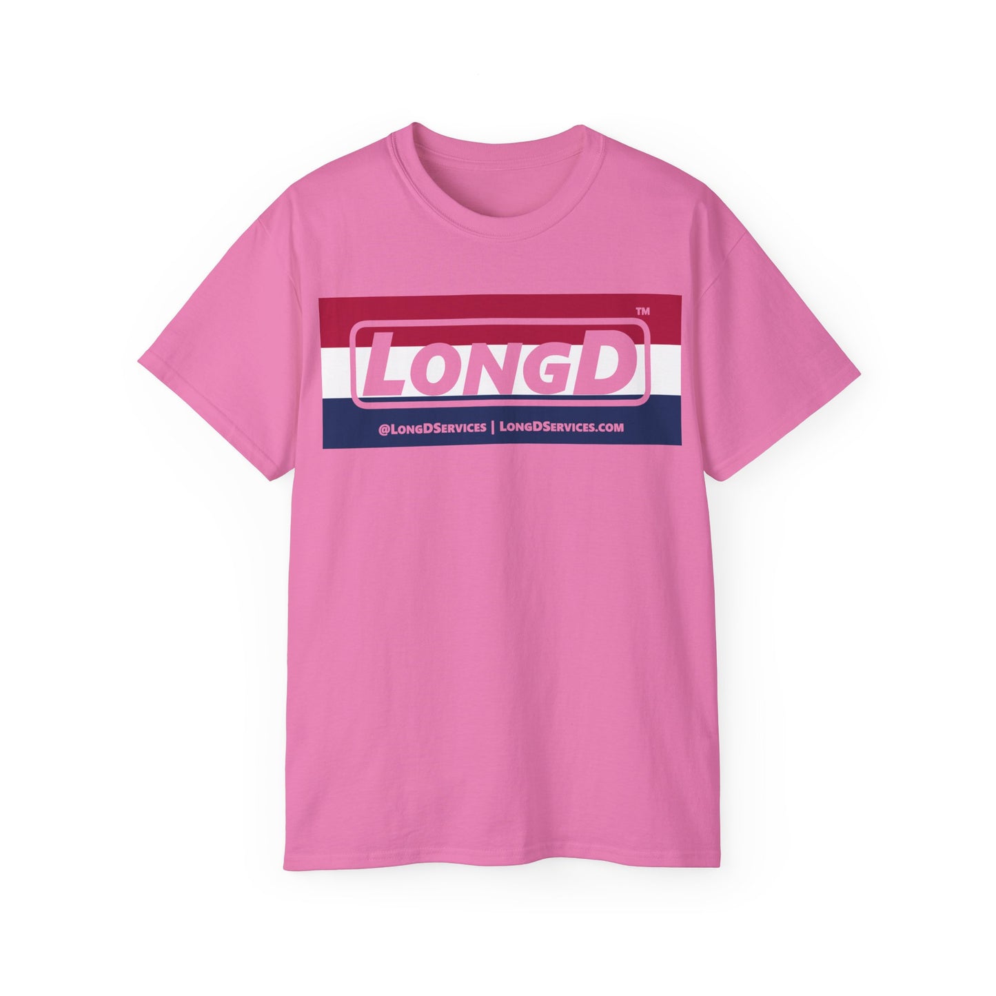 LongD® Logo Cotton Tee Red, White and Blue striped thirds negative text