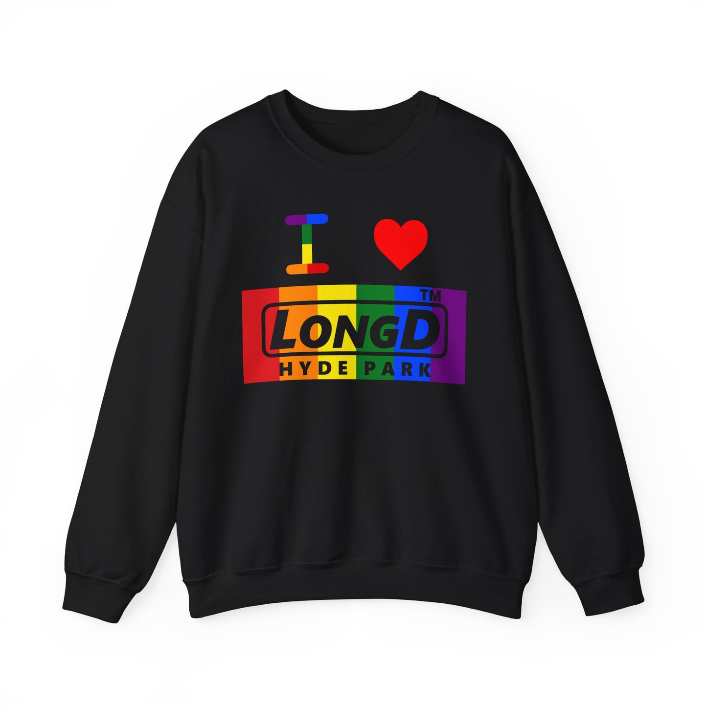 I Luv LongD negative vertical striped Hyde Park logo crewneck sweatshirt (Pride colors)