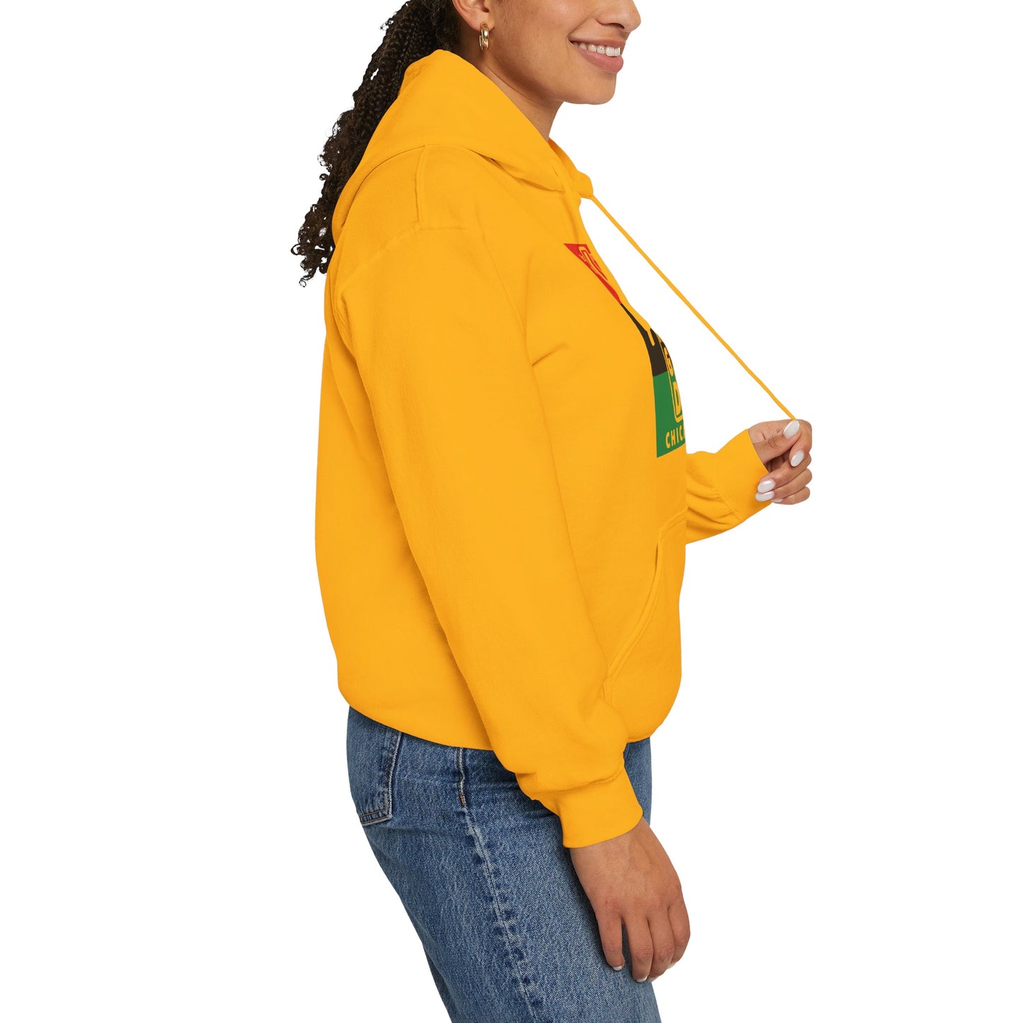 LongD® negative horizontal 3-striped upright Chicago logo hoodie (Juneteenth colors)