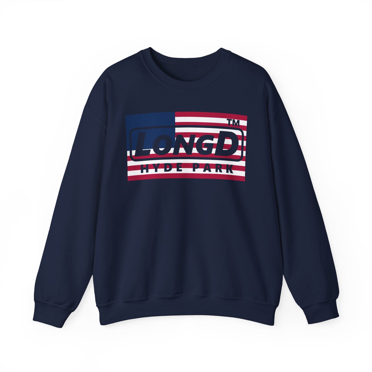 LongD negative flag front-back Hyde Park logo crewneck sweatshirt (patriotic colors)