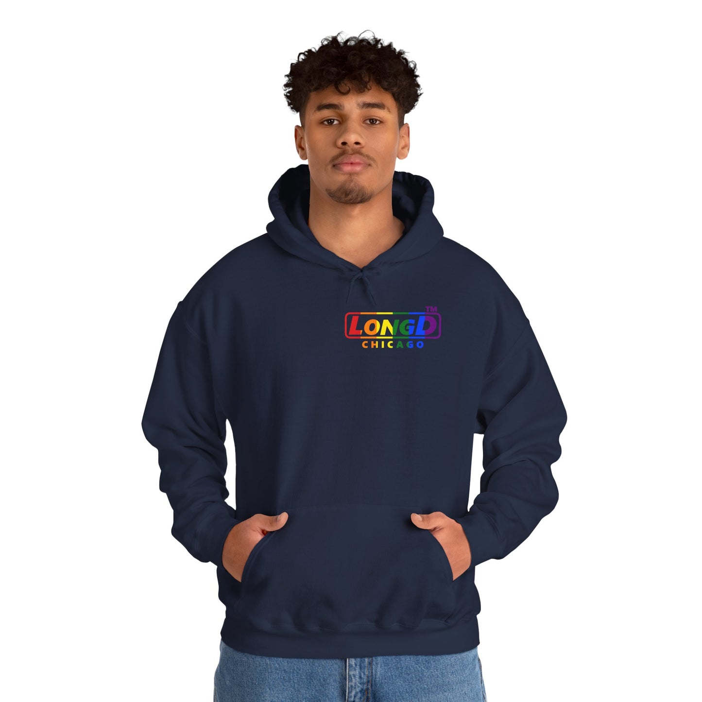 LongD® positive vertical striped single-breasted front-back Chicago logo hoodie (Pride colors)