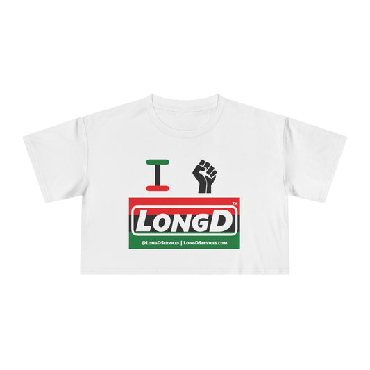 I Fist LongD Logo Women's Crop Tee (Black fist and Juneteenth striped negative thirds logo)