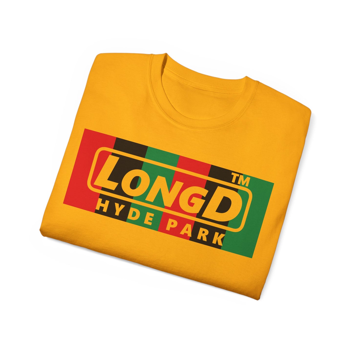 LongD negative vertical 6-striped Hyde Park logo front-back cotton tee (Juneteenth colors)