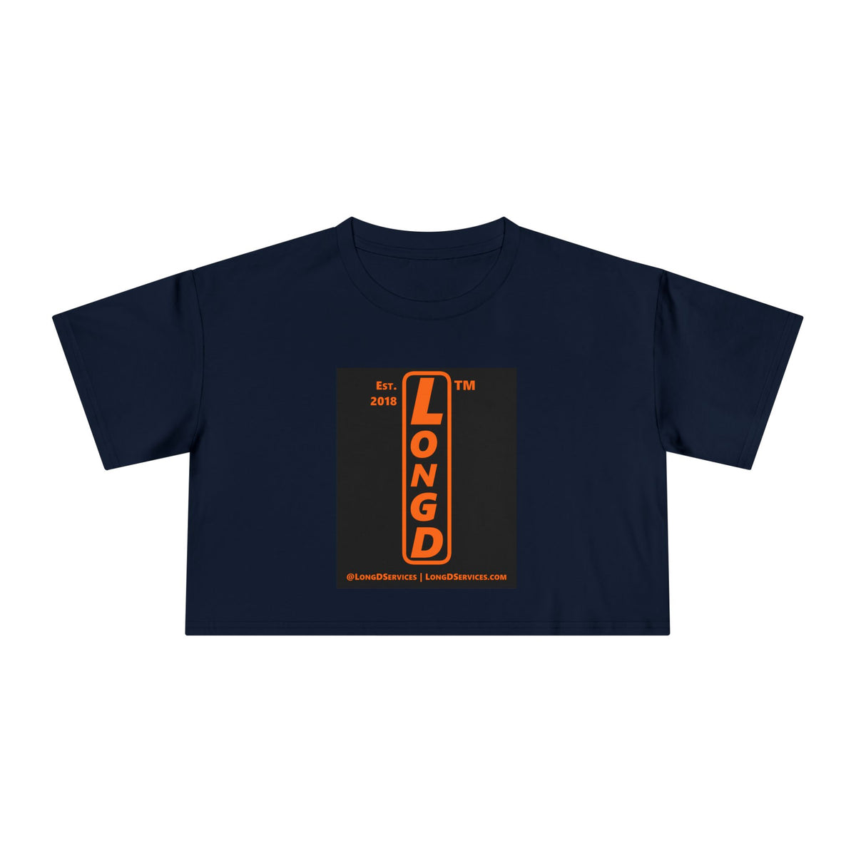 LongD Tag-domain upright front-back logo orange (FE7518) on Black (000000) crop tee