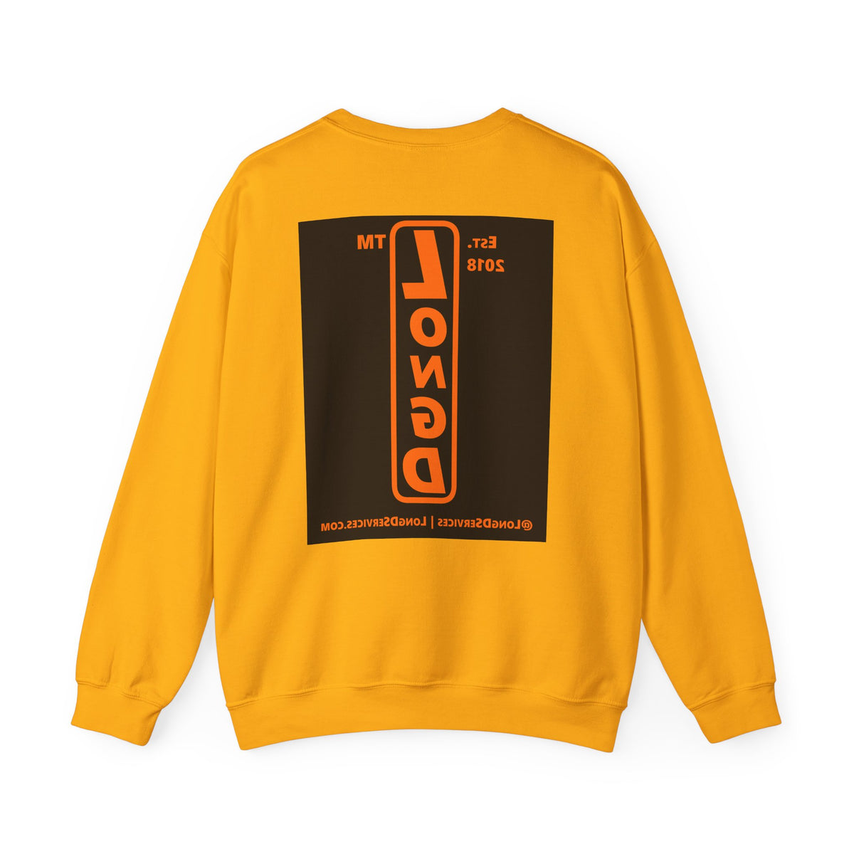 LongD Tag-domain upright front-back logo orange (FE7518) on Black (000000) crewneck sweatshirt