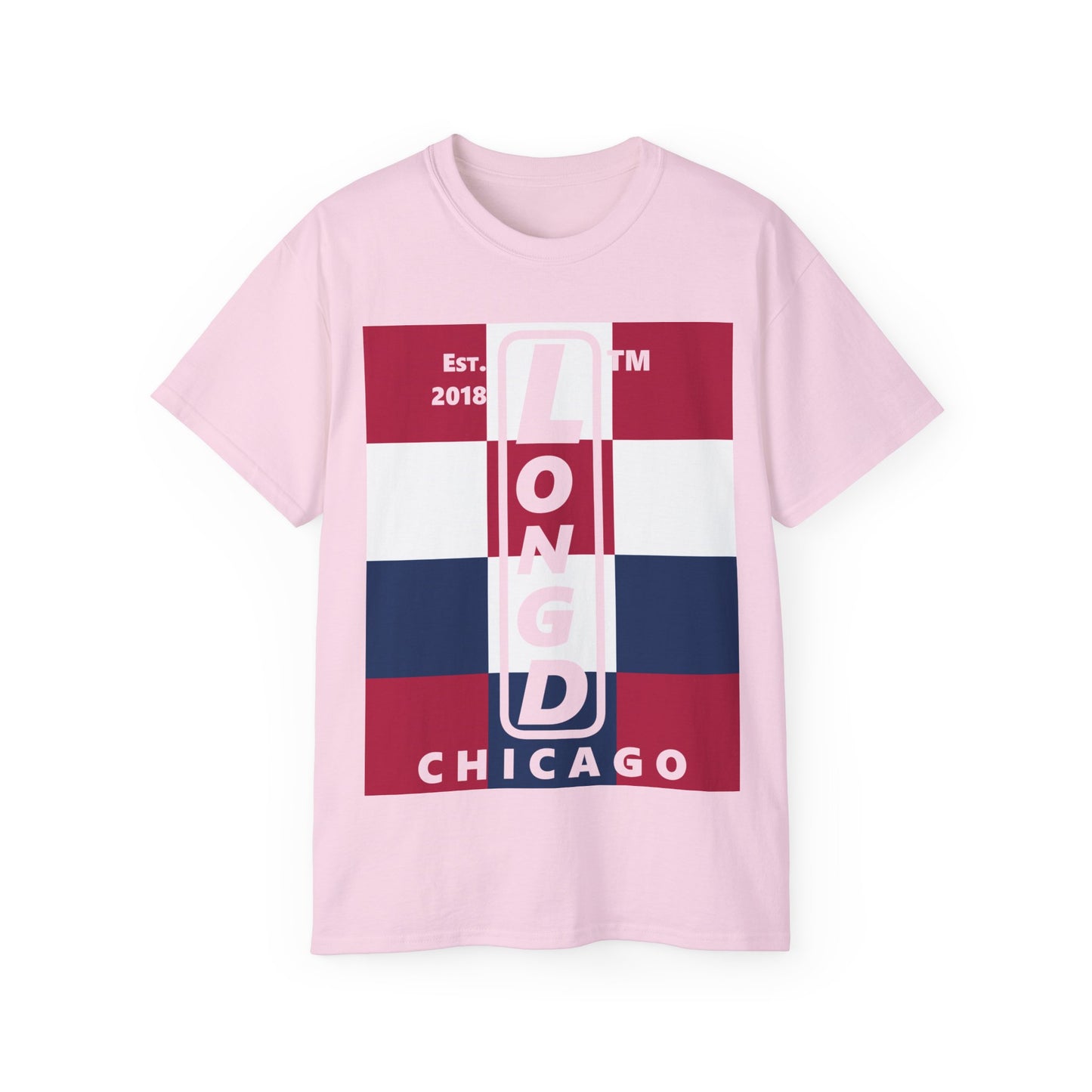 LongD cotton tee negative 4x3 Chicago upright logo (Patriotic colors)