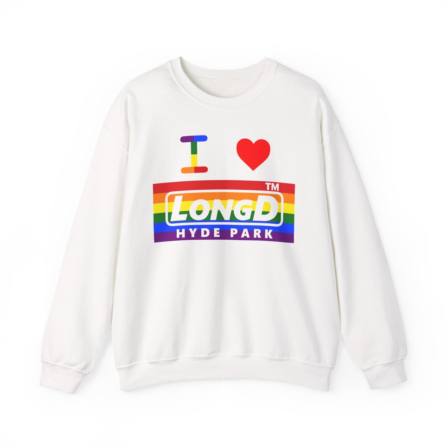 I Luv LongD negative horizontal striped Hyde Park logo crewneck sweatshirt (Pride colors)