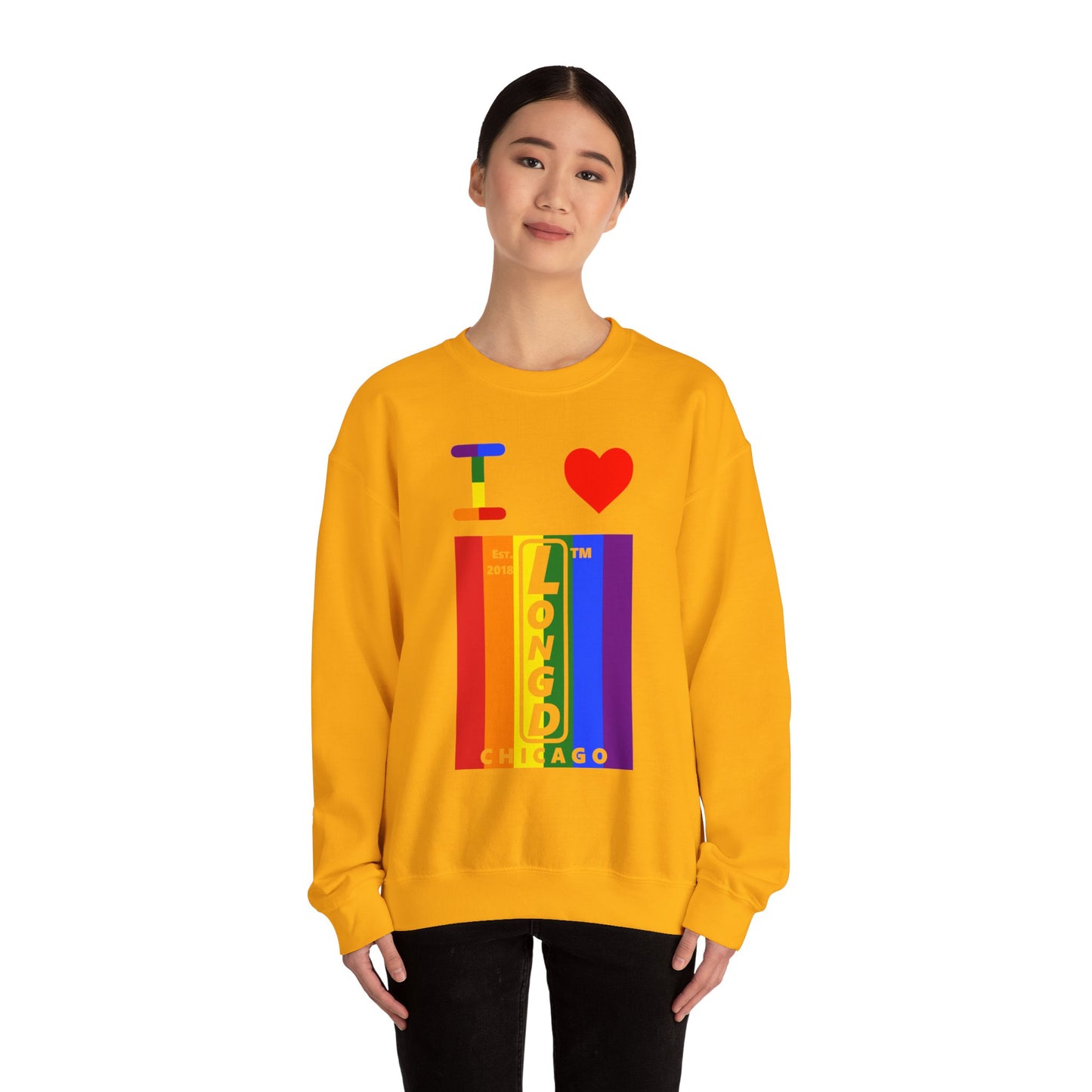 I Luv LongD negative vertical 6-striped Chicago upright logo crewneck sweatshirt
