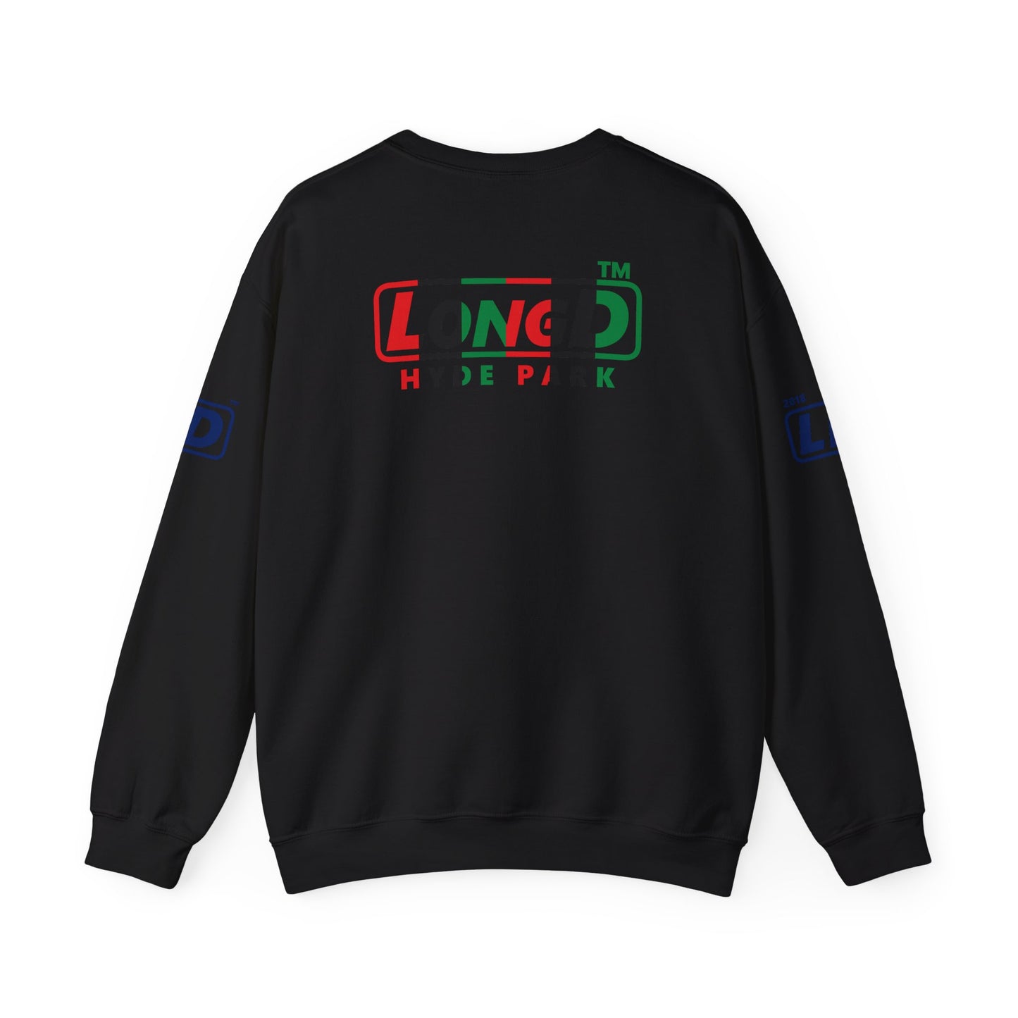 LongD positive vertical 6-striped 4-print Hyde Park logo crewneck sweatshirt (Juneteenth colors)