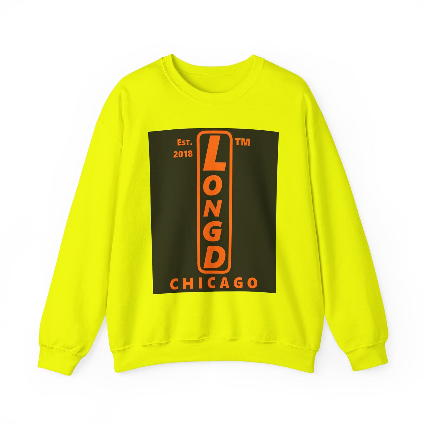 LongD Chicago upright front-back logo orange (FE7518) on Black (000000) crewneck sweatshirt