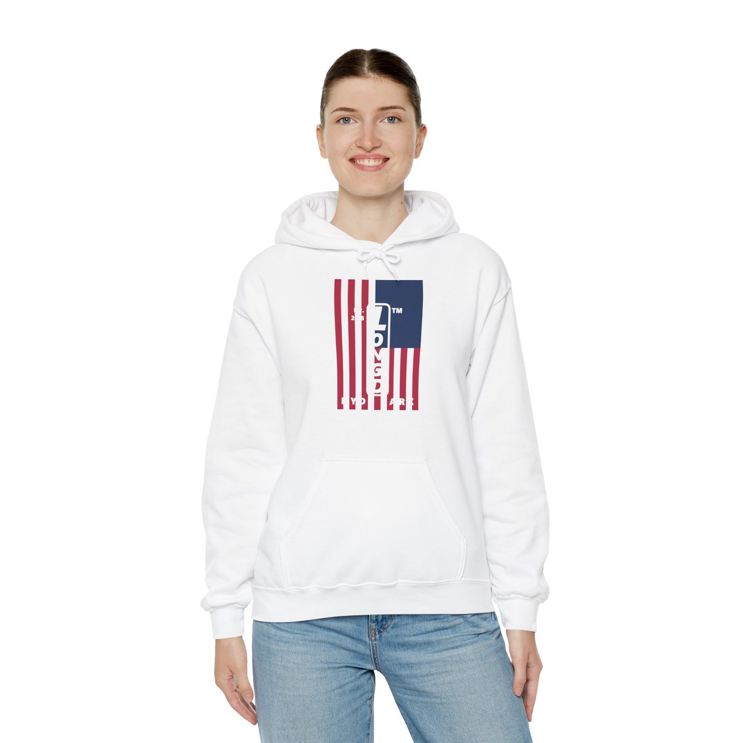 LongD® negative cropped flag upright Hyde Park logo hoodie (Patriotic colors)
