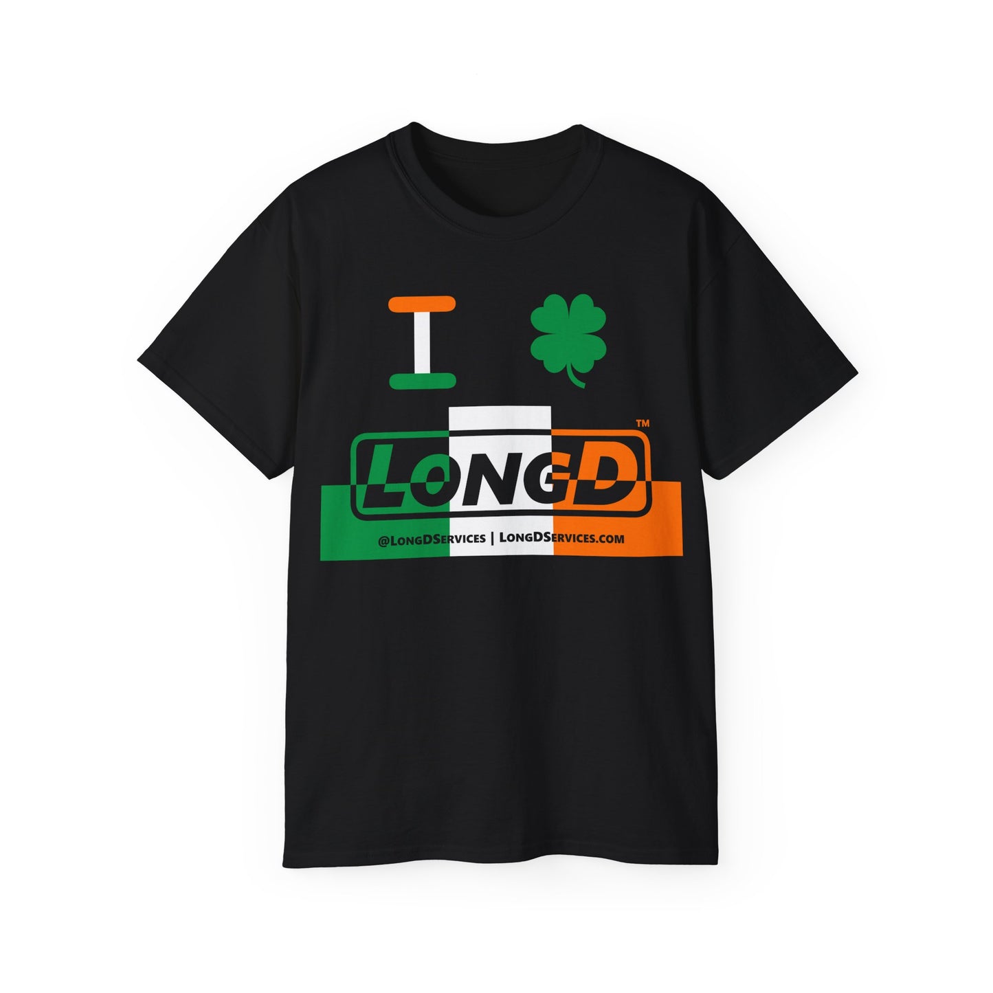 I Clover LongD® Logo Cotton Tee (St. Patrick's Day -Irish Green, White and Irish Orange thirds top-bottom outer positive-negative split with 4-leaf clover)