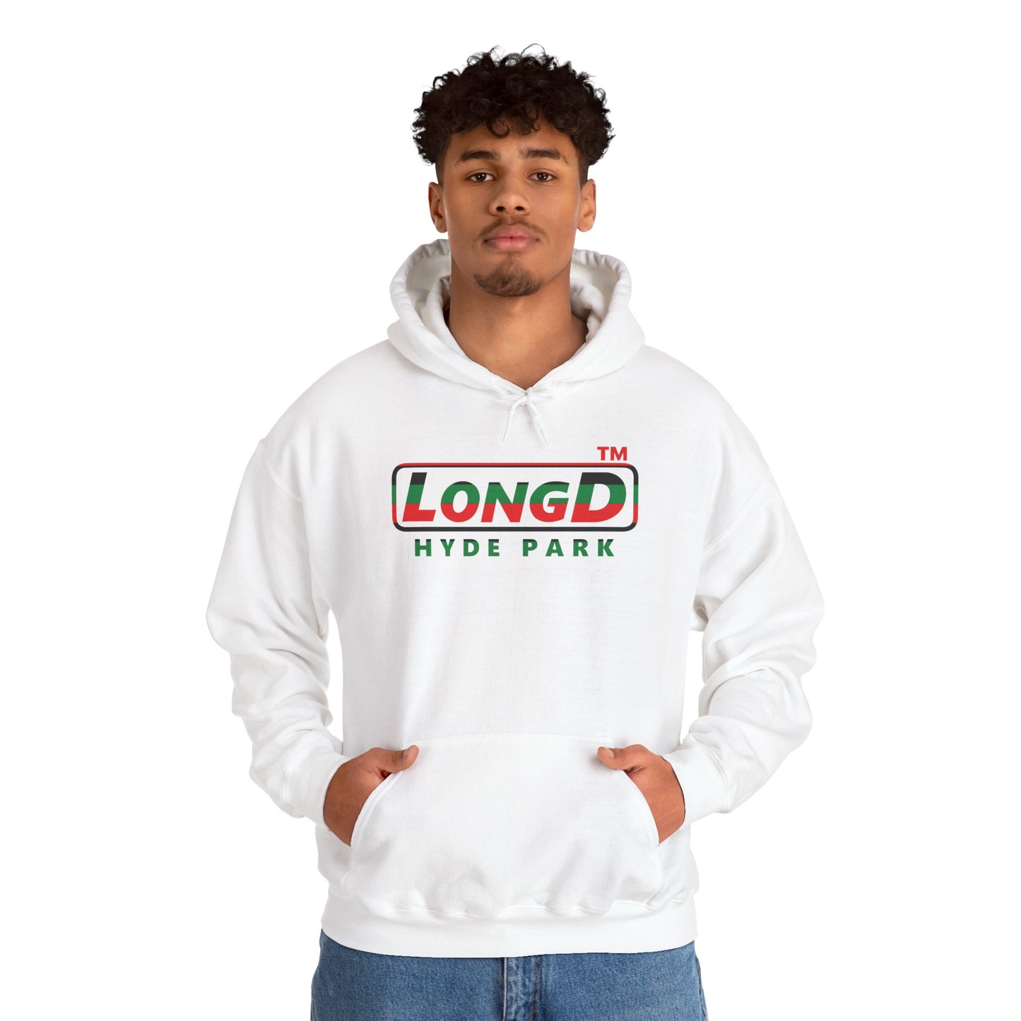 LongD® positive horizontal 6-striped Hyde Park logo Hoodie (Juneteenth colors)