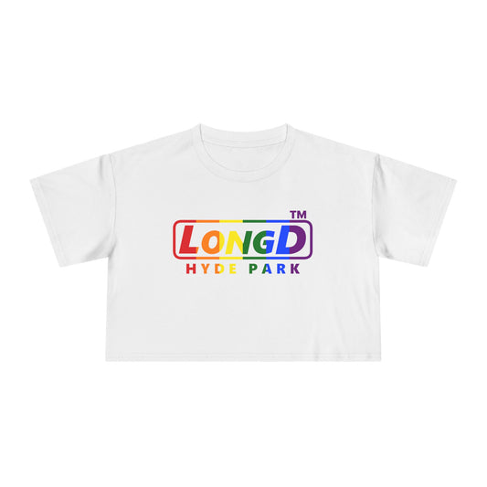 LongD positive vertical 6-striped front-back Hyde Park logo crop tee (Pride colors)