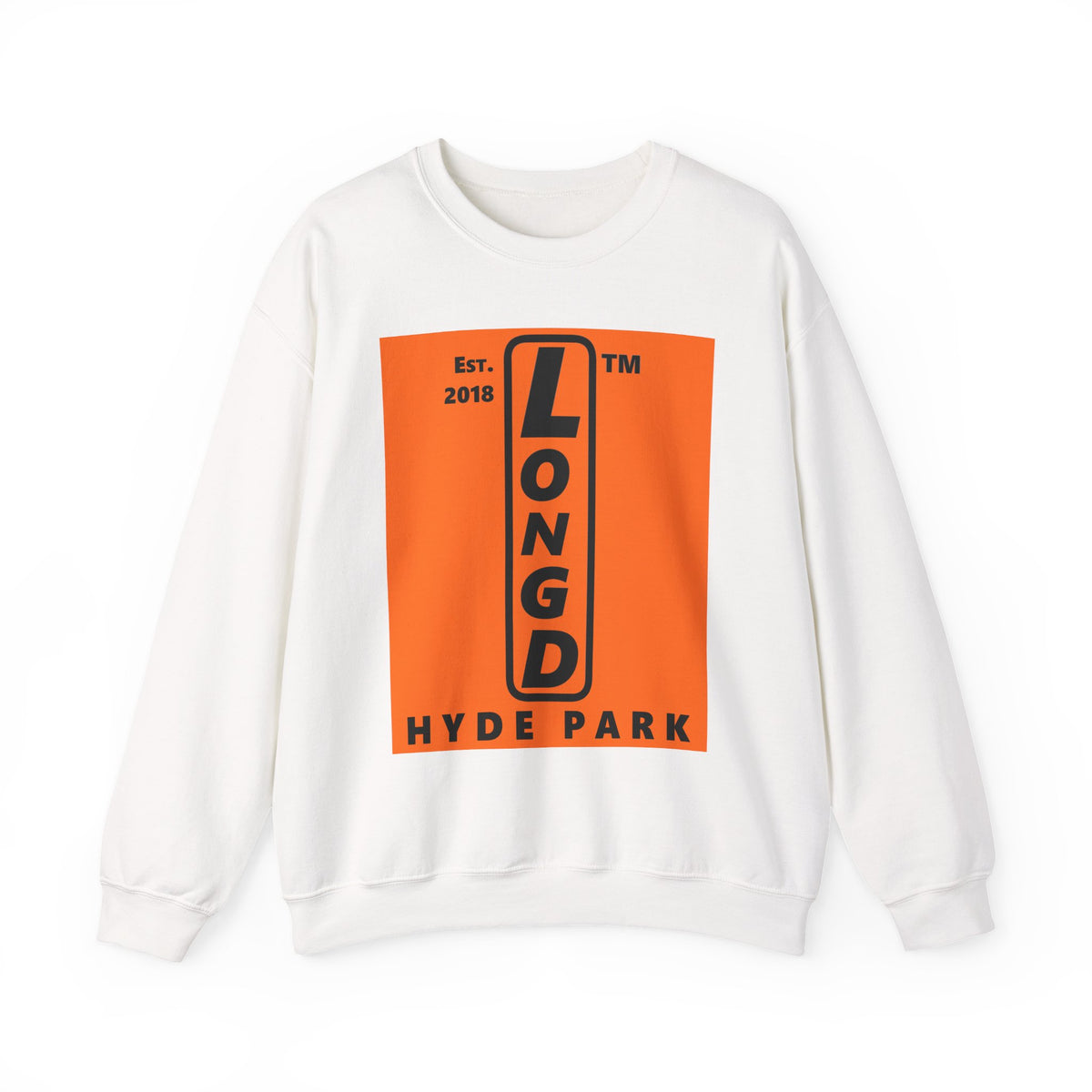 LongD Hyde Park upright logo Black (000000) on orange (FE7518) (Halloween colors) crewneck sweatshirt
