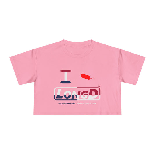 I Firecracker LongD Logo Women's Crop Tee Red, White & Blue positive quarters