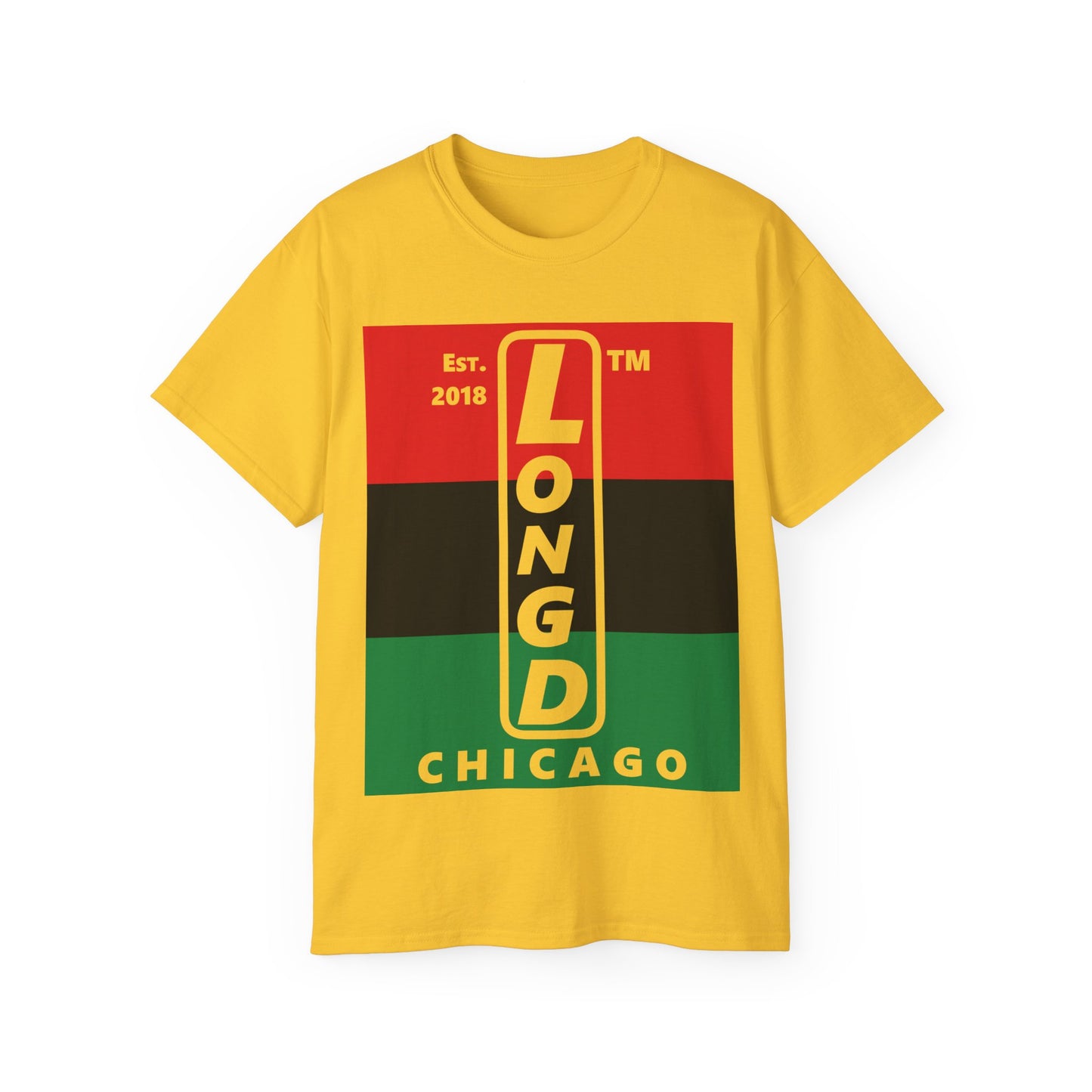 LongD Cotton Tee negative horizontal striped Chicago upright logo (Juneteenth colors)