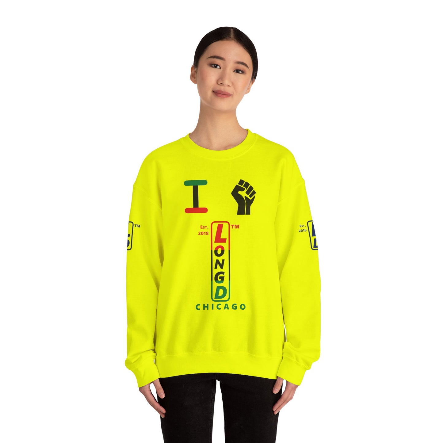 I Fist LongD positive horizontal 6-striped Chicago upright 4-print logo crewneck sweatshirt