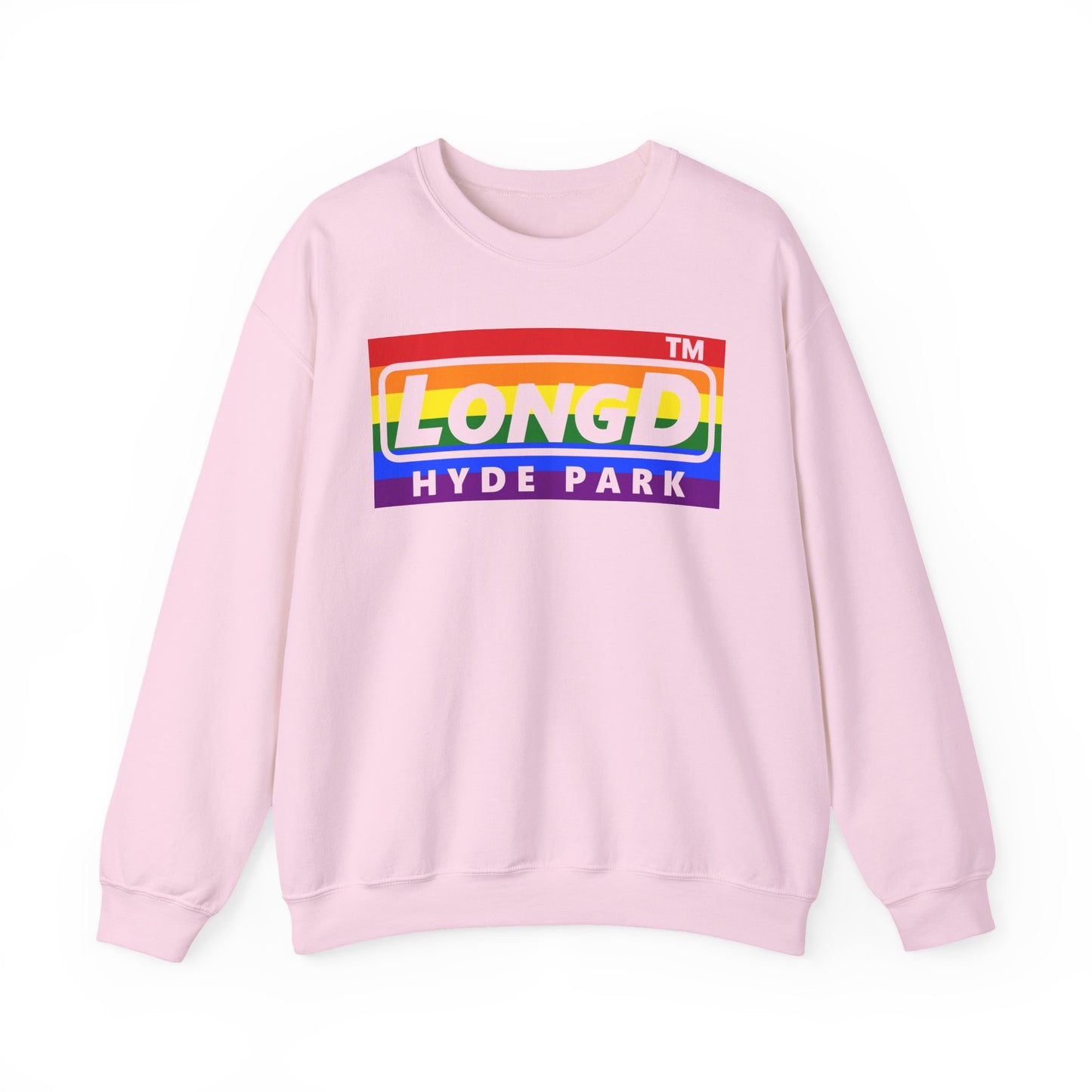 LongD negative horizontal striped Hyde Park logo crewneck sweatshirt (Pride colors)