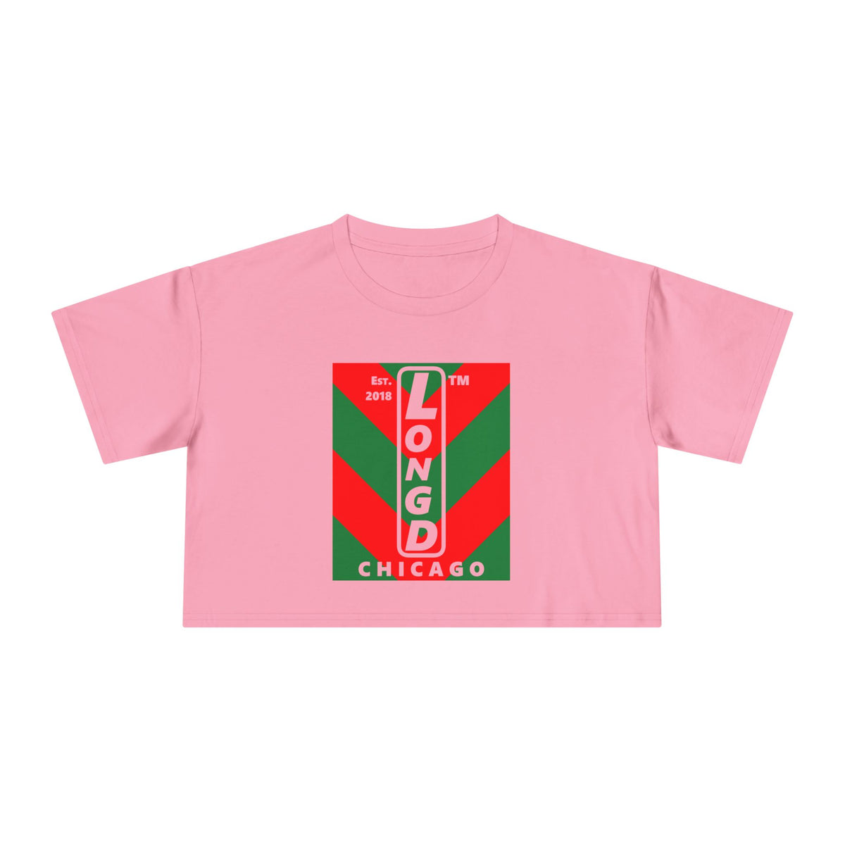 LongD Chicago negative upright downward chevron logo (Xmas colors) crop tee