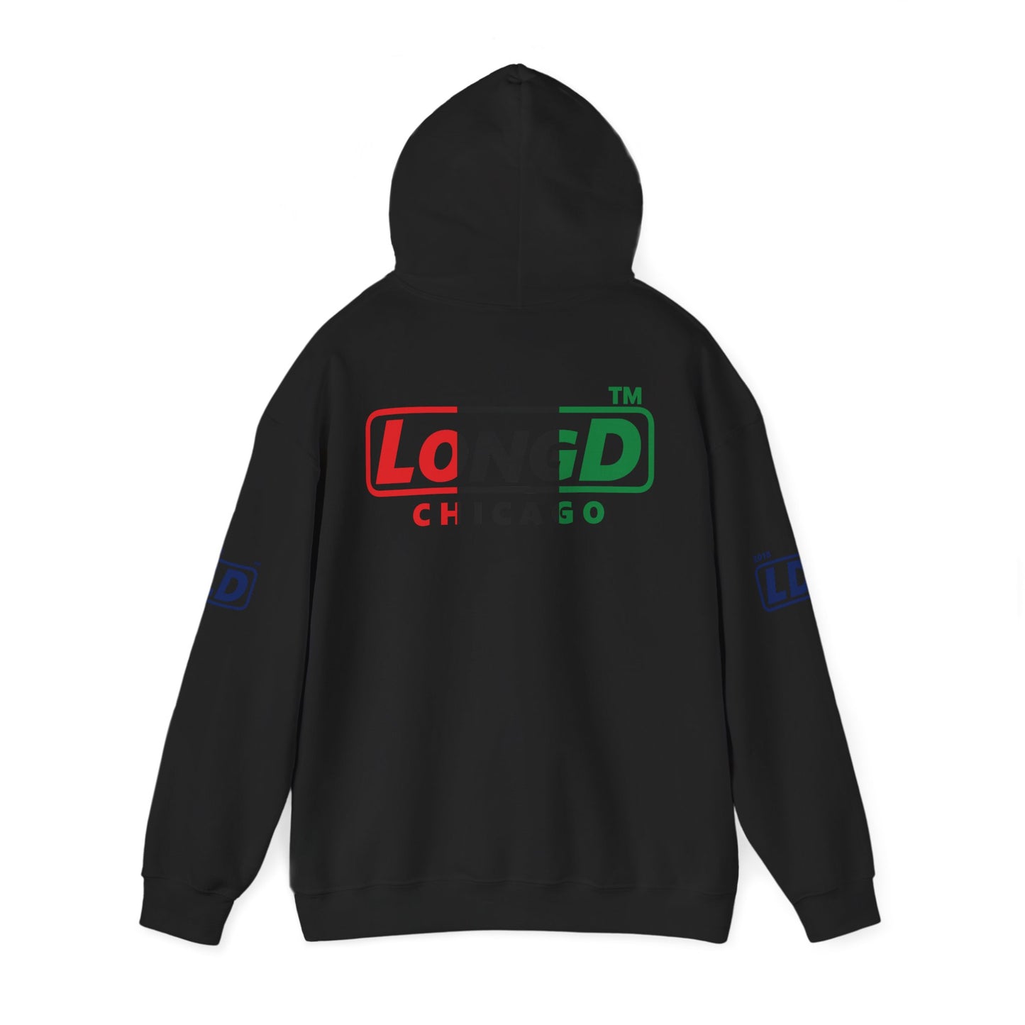 LongD® positive vertical 3-striped 4-print single-breasted Chicago logo Hoodie (Juneteenth colors)