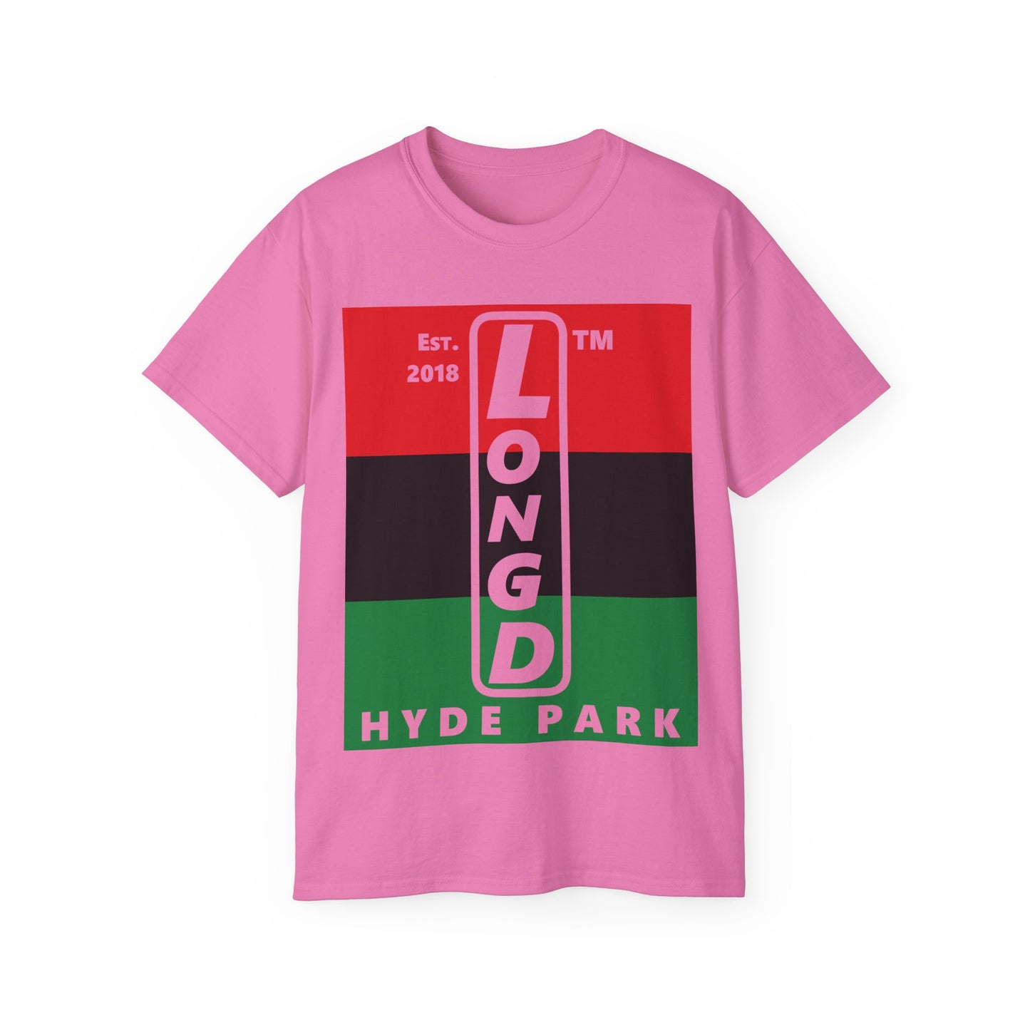 LongD Cotton Tee negative horizontal striped Hyde Park upright logo (Juneteenth colors)