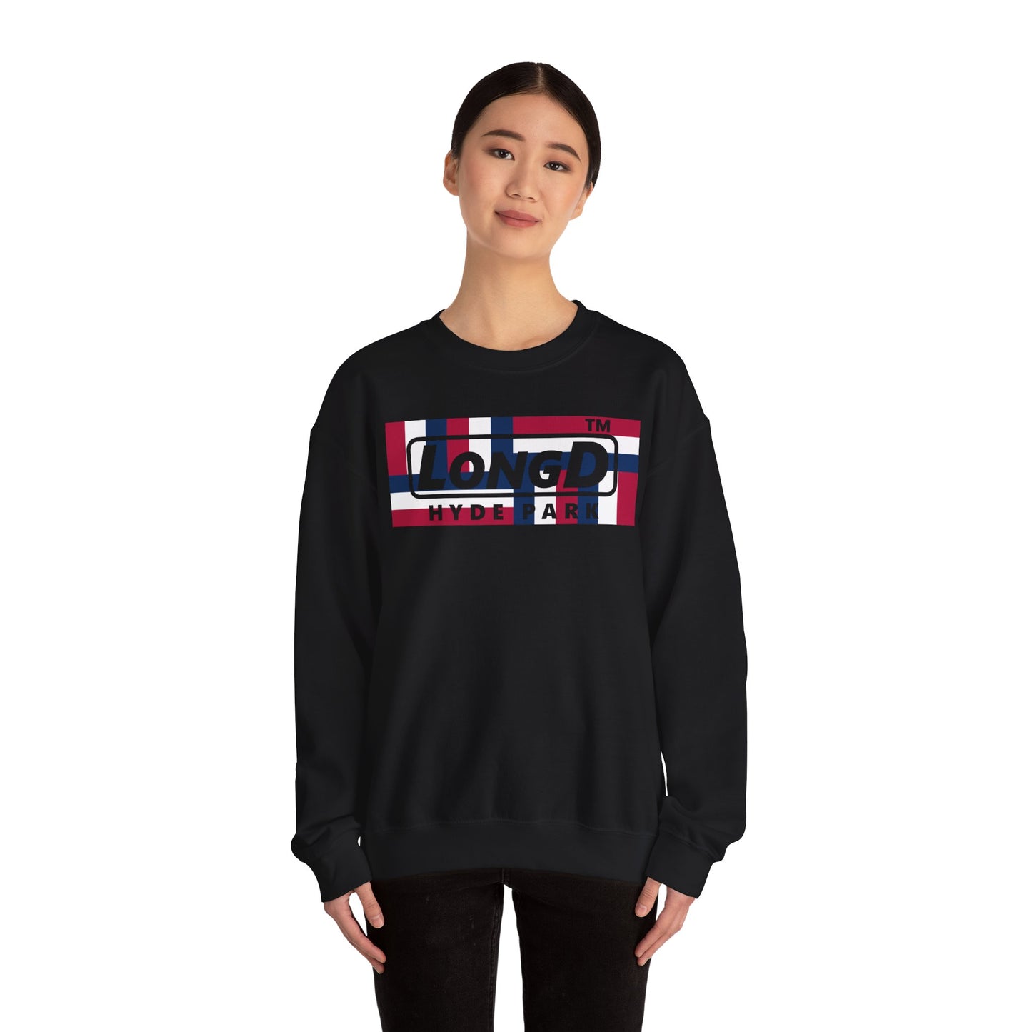 LongD negative modified windmill Hyde Park logo crewneck sweatshirt (patriotic colors)