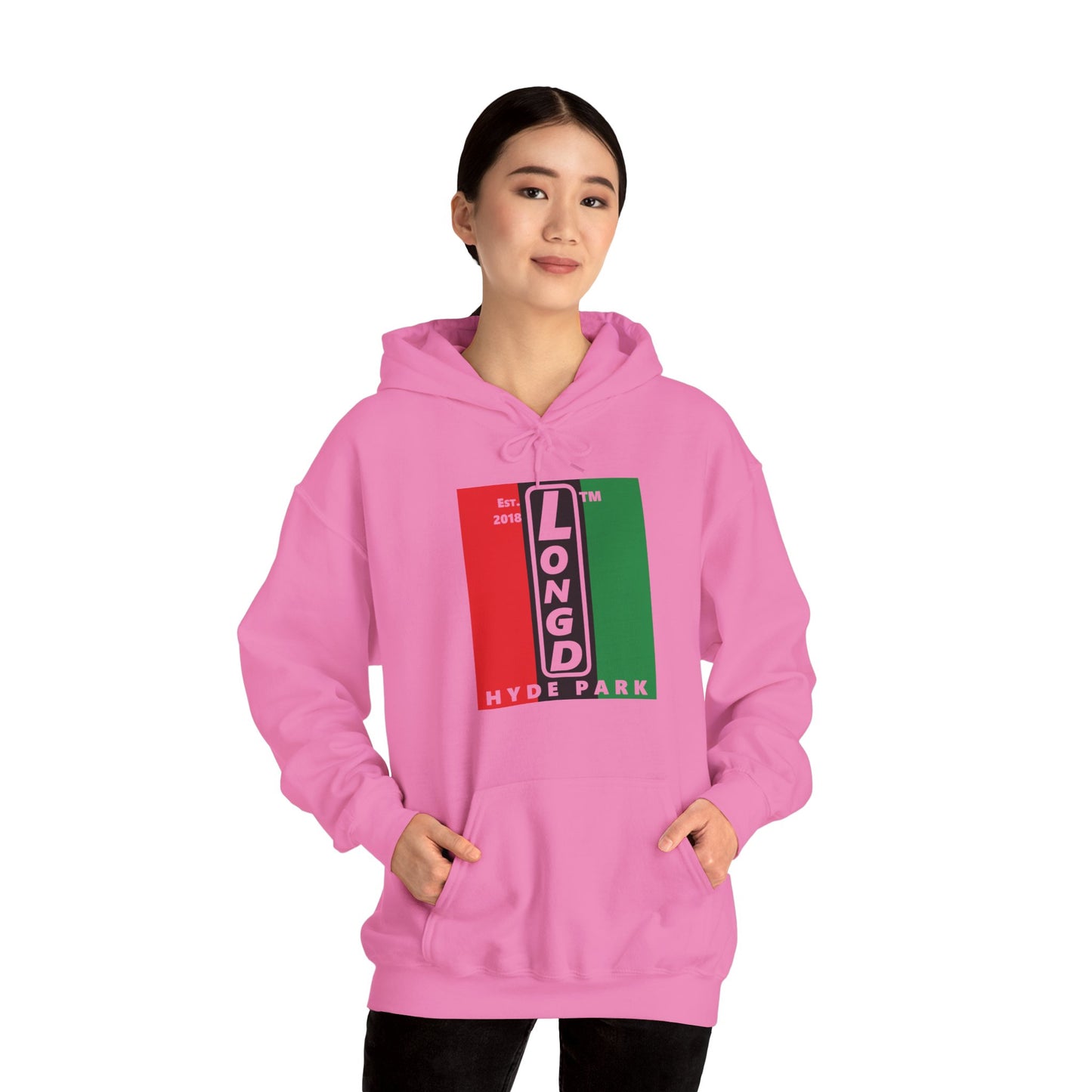 LongD® negative vertical 3-striped upright Hyde Park logo hoodie (Juneteenth colors)