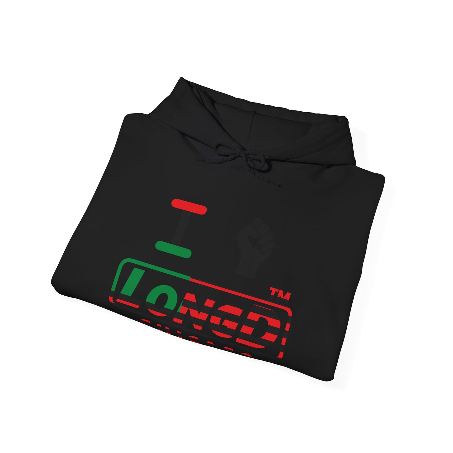 I fist LongD® positive flag front-back Chicago logo Hoodie (Juneteenth colors)