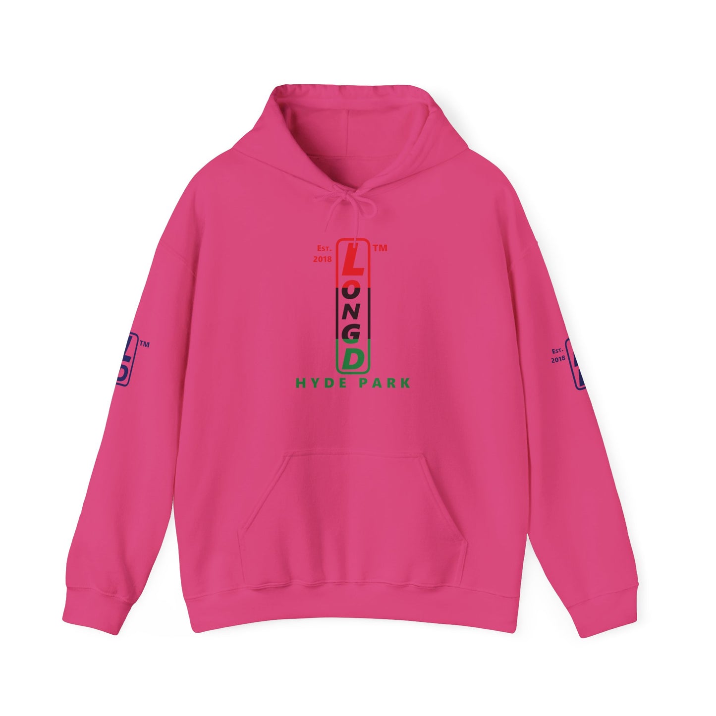 LongD® positive horizontal 3-striped Hyde Park 4-print upright logo hoodie (Juneteenth colors)