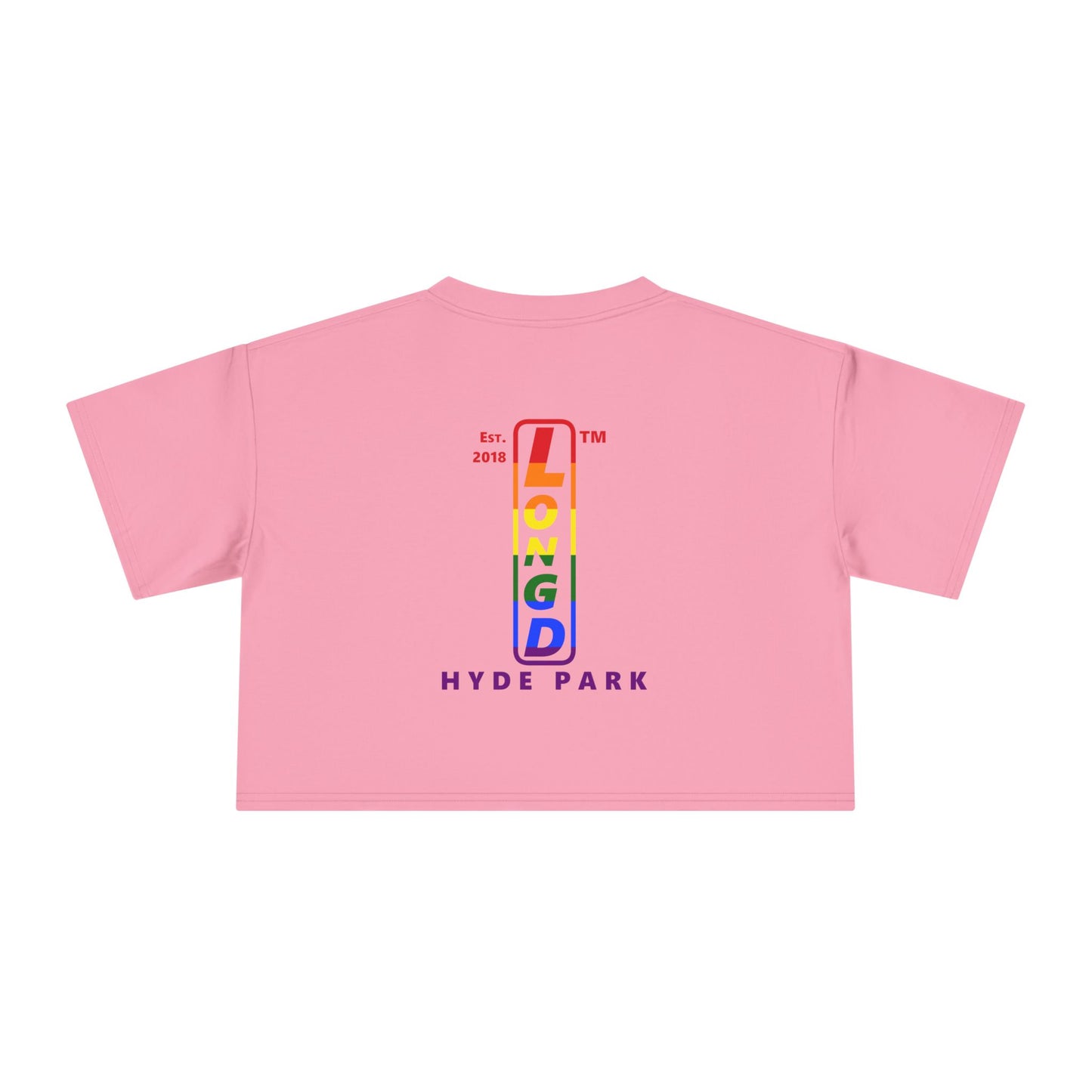 Mixed horizontal 6-striped upright front-back Hyde Park logo crop tee (Pride colors)