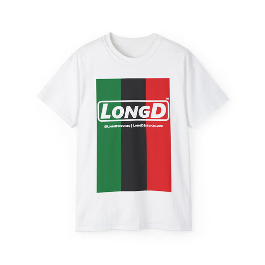 LongD® Logo Cotton Tee Juneteenth vertical Pan-African Flag negative text