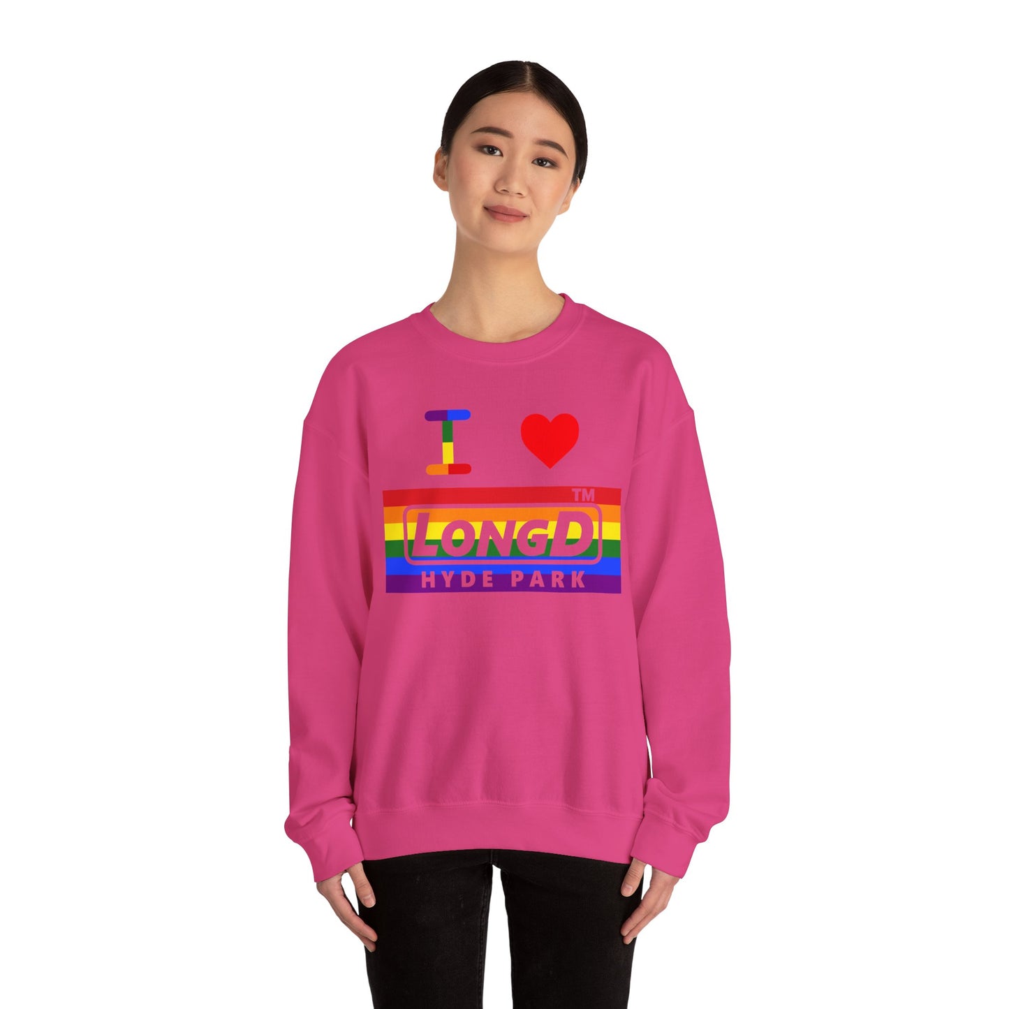 I Luv LongD negative horizontal striped Hyde Park logo crewneck sweatshirt (Pride colors)