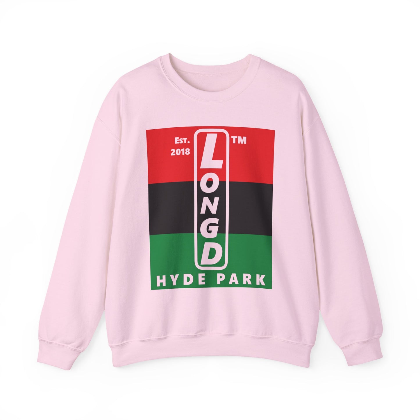 LongD negative horizontal 3-striped Hyde Park upright logo crewneck sweatshirt (Juneteenth colors)