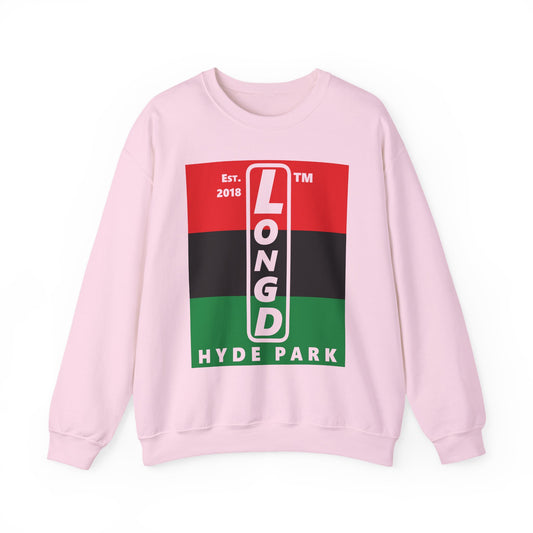 LongD negative horizontal 3-striped Hyde Park upright logo crewneck sweatshirt (Juneteenth colors)