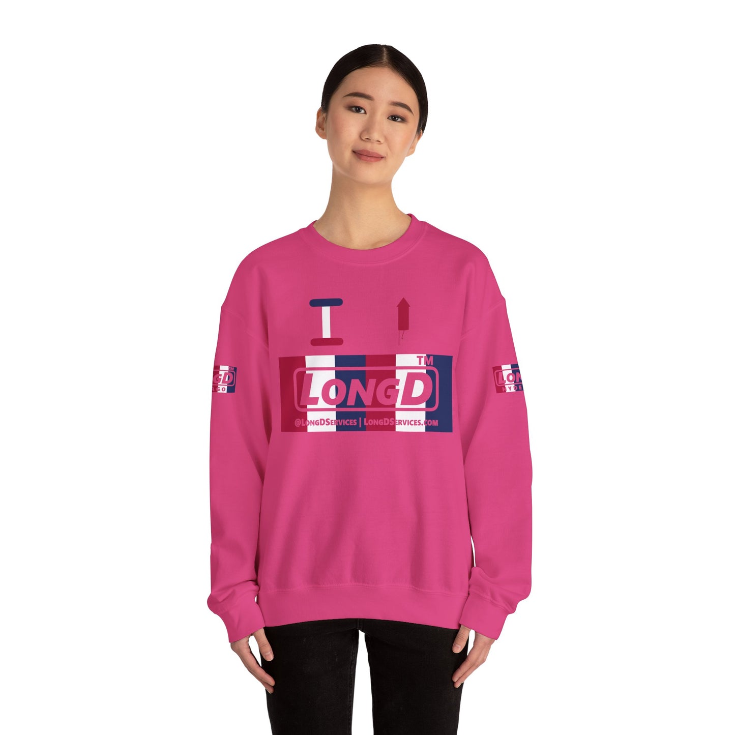 I firecracker LongD positive vertical 6-striped 4-print tag-domain logo crewneck sweatshirt