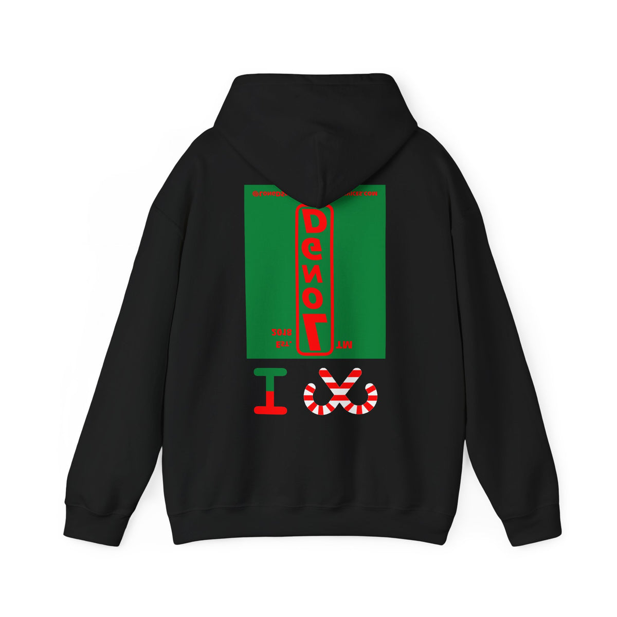 I candy cane LongD Tag-domain upright front-back logo positive red on negative green hoodie