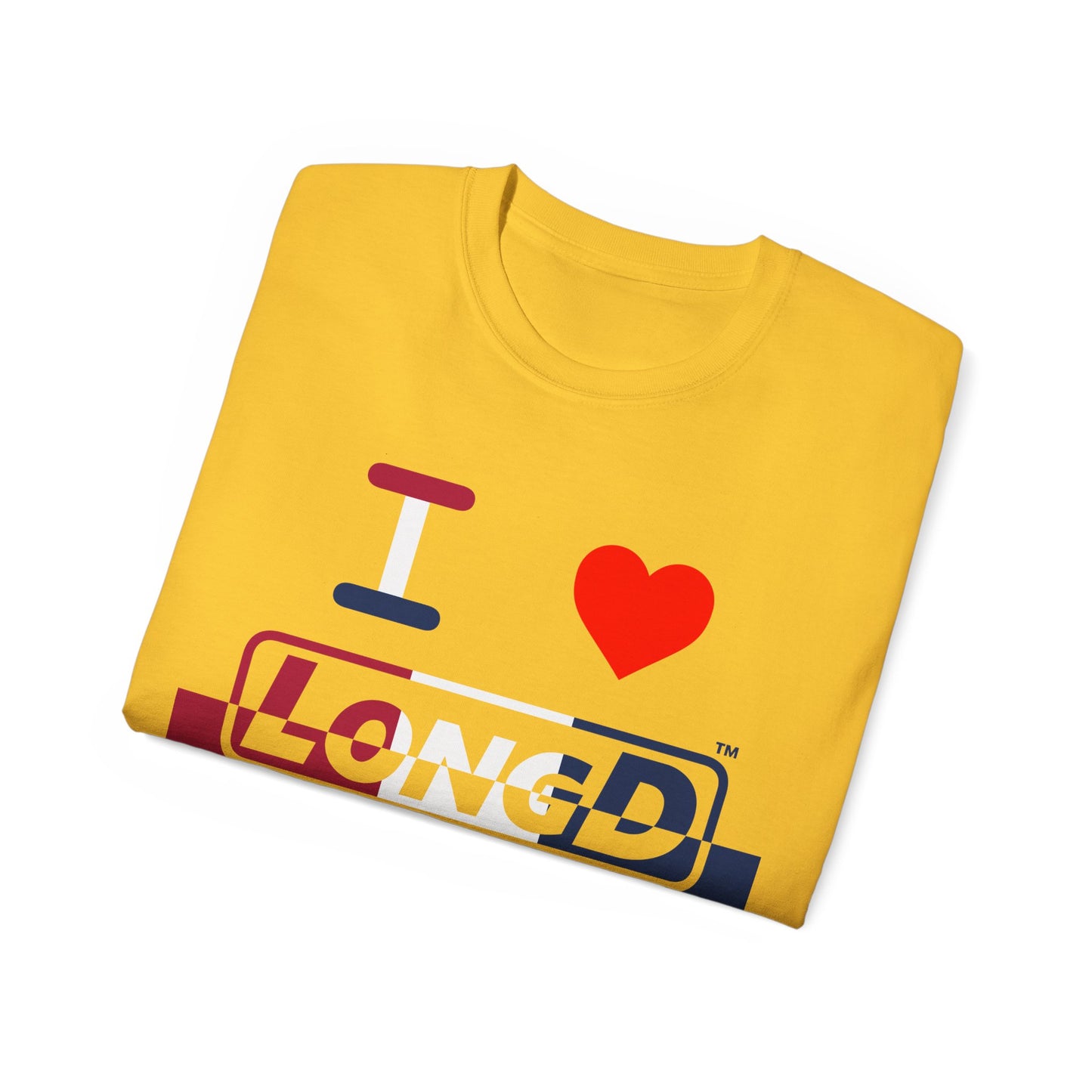 I Luv LongD® Logo Cotton Tee Red, White and Blue positive top negative bottom split thirds text