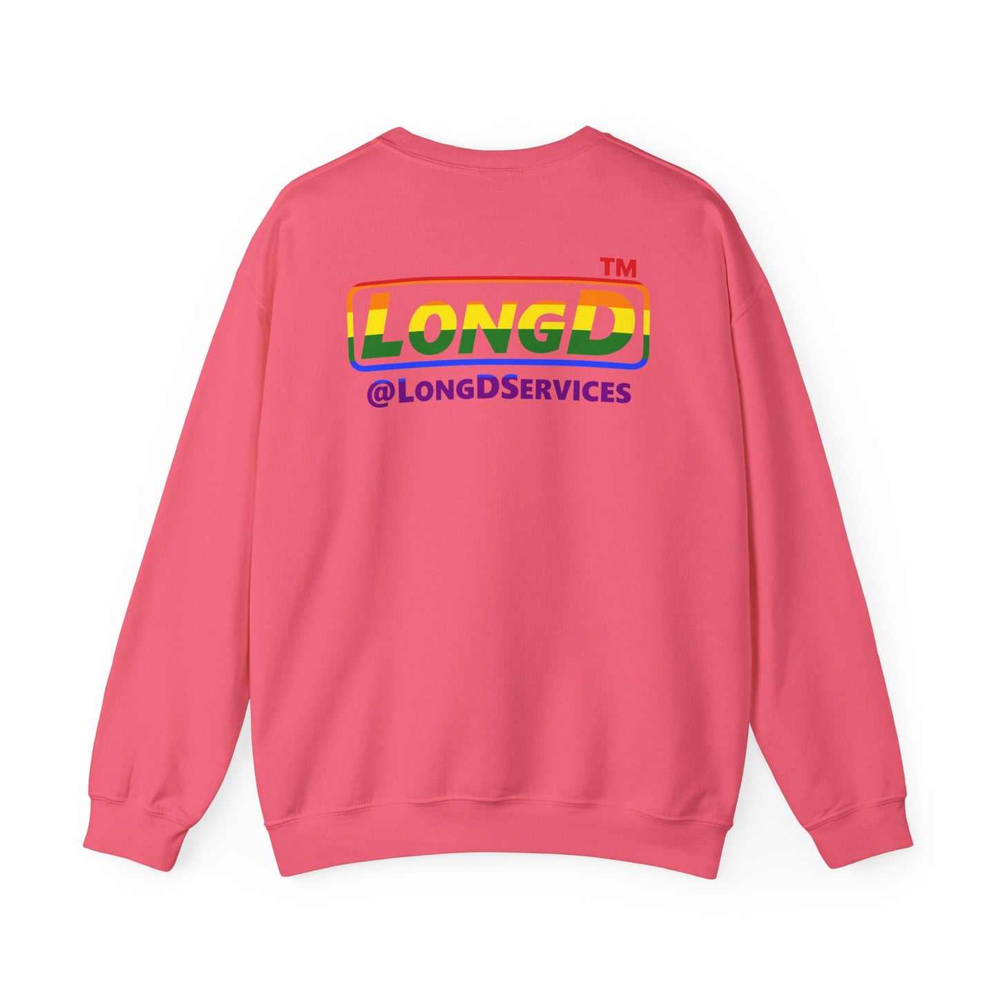 LongD positive horizontal striped front-back Hyde Park logo crewneck sweatshirt (Pride colors)