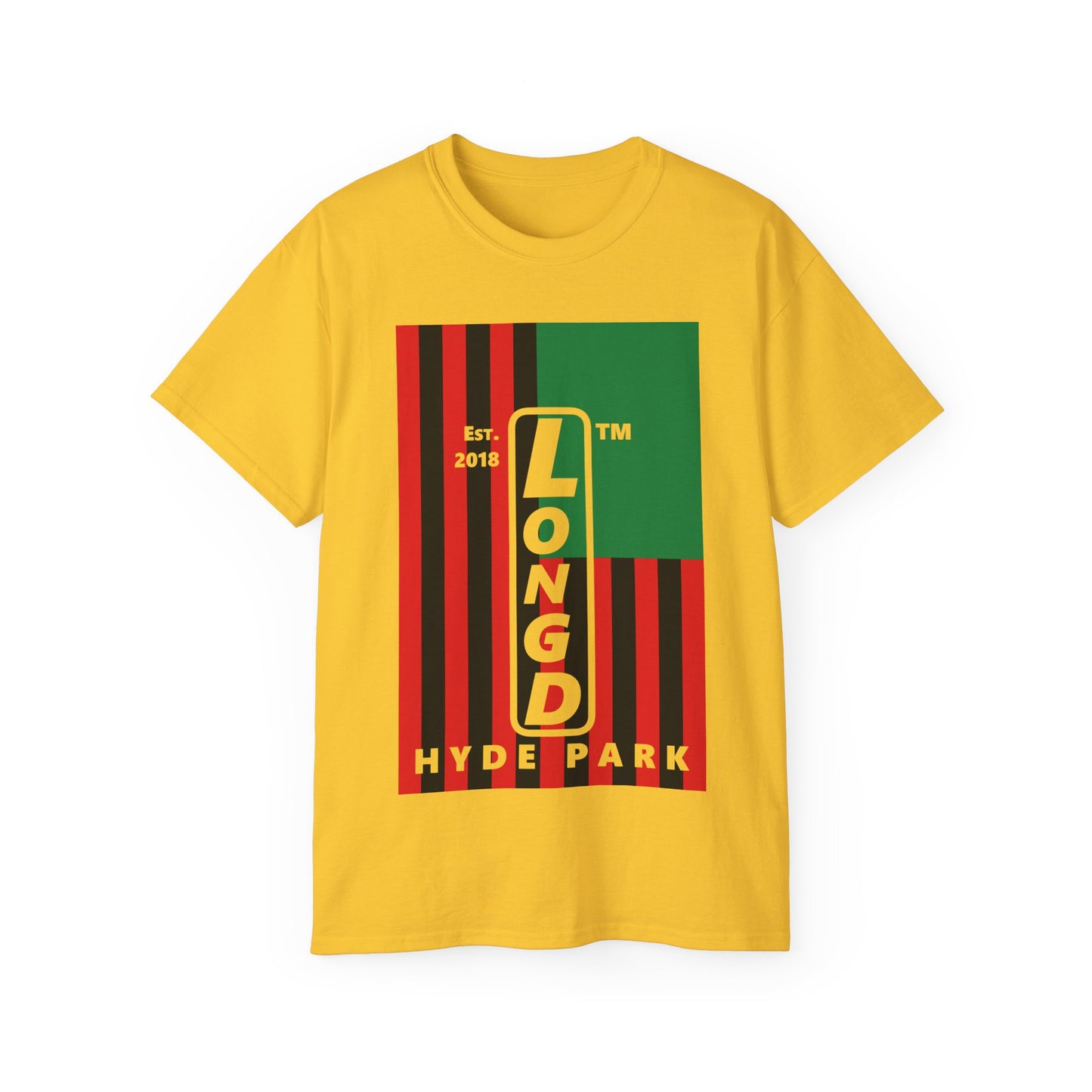 LongD Cotton Tee negative flag Hyde Park upright logo (Juneteenth colors)