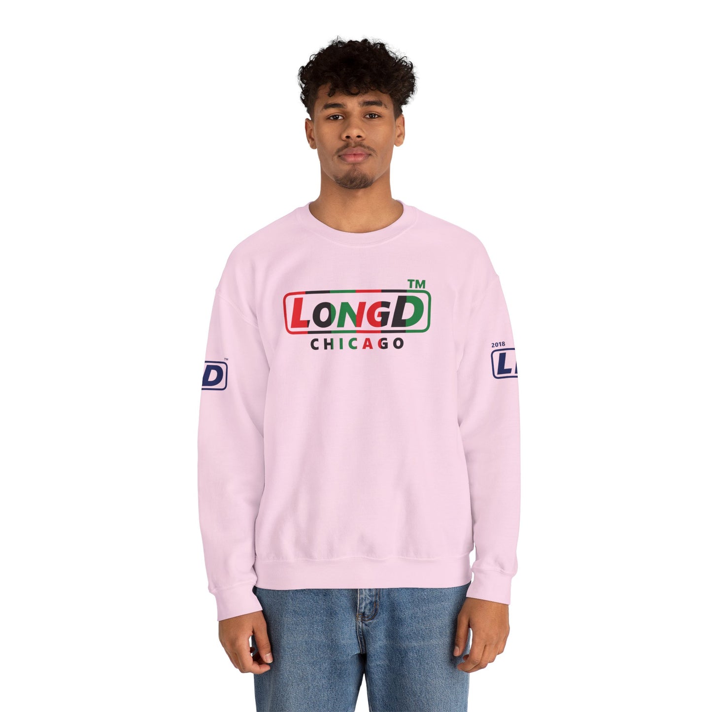 LongD positive vertical 6-striped 4-print Chicago logo crewneck sweatshirt (Juneteenth colors)