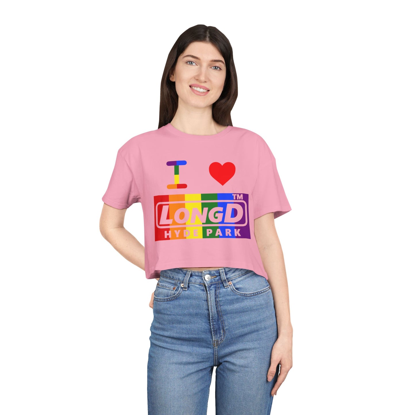 I Luv LongD negative vertical 6-striped Hyde Park logo crop tee (Pride colors)