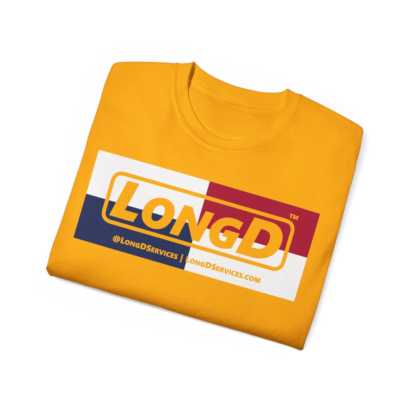 LongD® Logo Cotton Tee Red, White and Blue negative quarters text