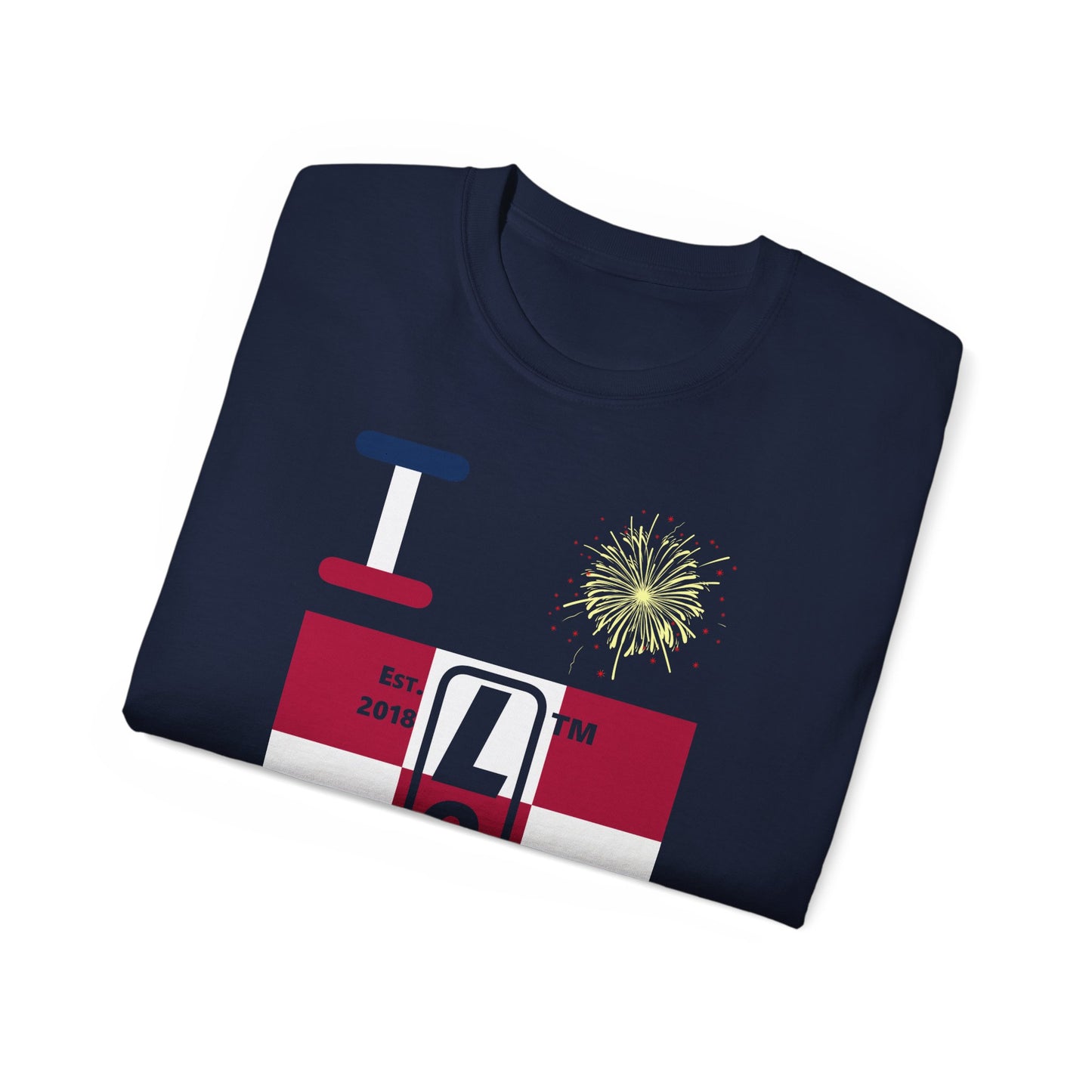 I Burst LongD cotton tee negative 4x3 Hyde Park upright logo (Patriotic colors)